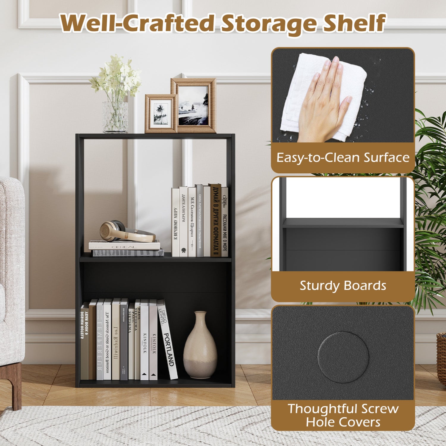 3-Tier Bookshelf with Open Storage Compartment and Freestanding Display Shelf-Black
