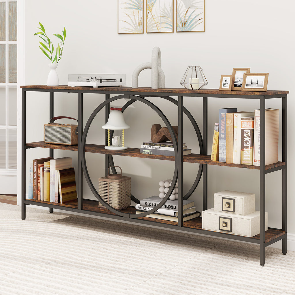 3-Tier Console Table with Faux Marble Top and Storage Shelves for Hallway Living Room-Rustic Brown