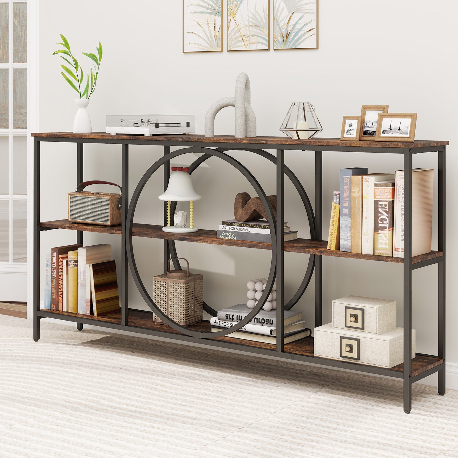 3-Tier Console Table with Faux Marble Top and Storage Shelves for Hallway Living Room-Rustic Brown