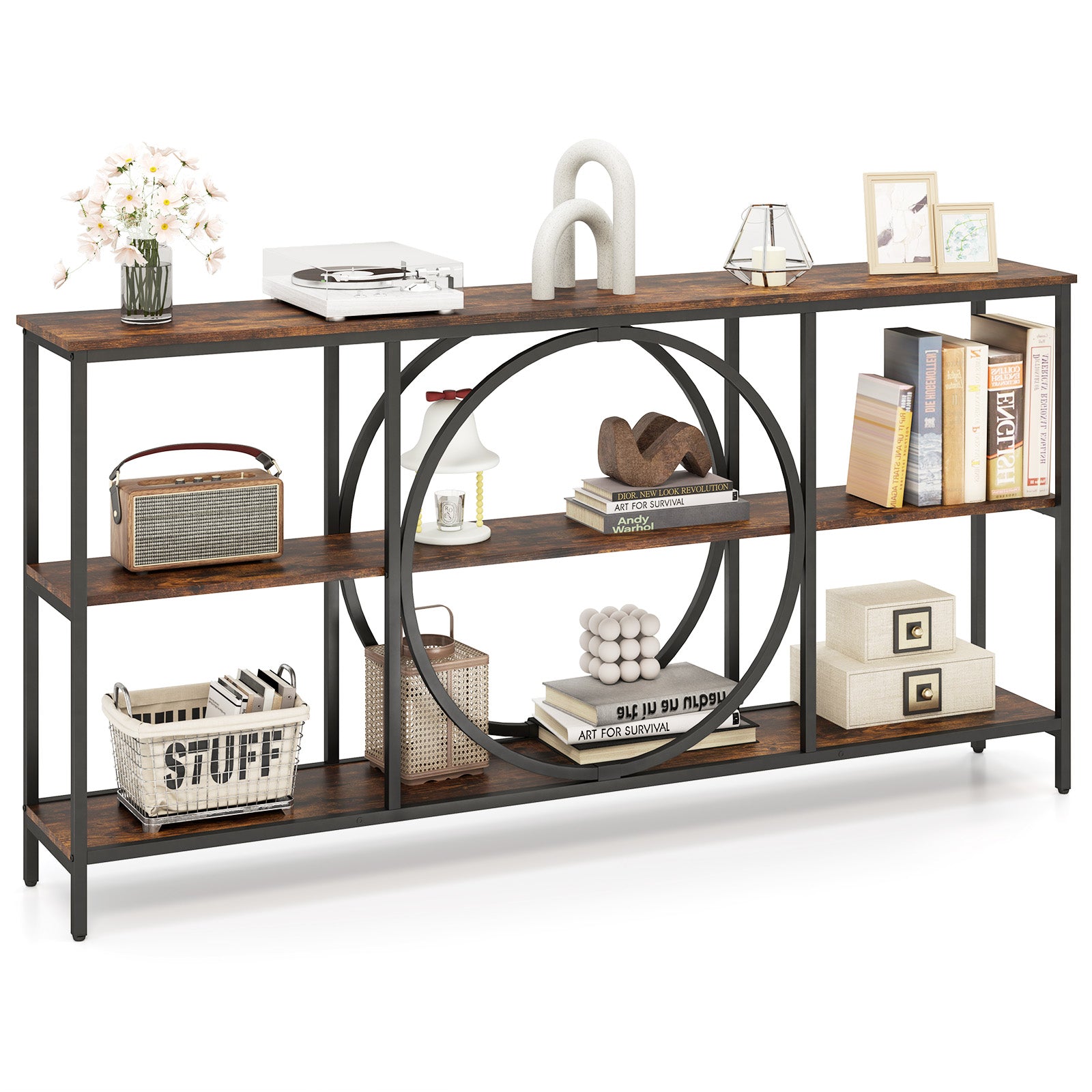 3-Tier Console Table with Faux Marble Top and Storage Shelves for Hallway Living Room-Rustic Brown