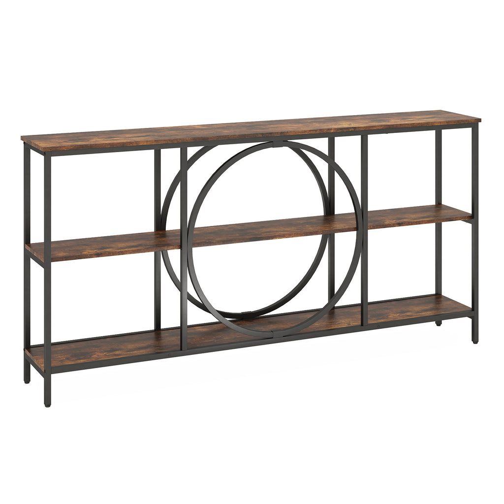 3-Tier Console Table with Faux Marble Top and Storage Shelves for Hallway Living Room-Rustic Brown