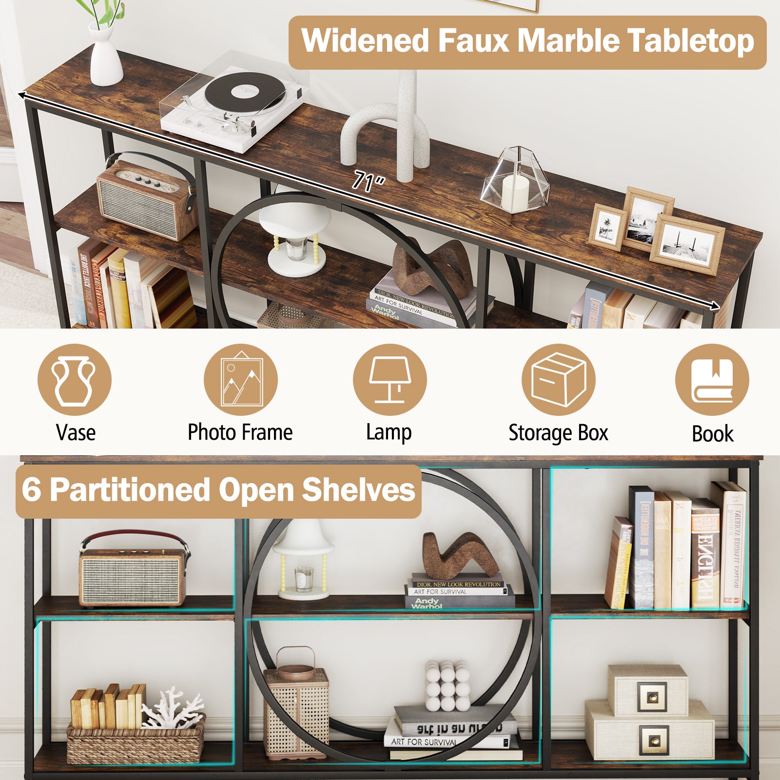 3-Tier Console Table with Faux Marble Top and Storage Shelves for Hallway Living Room-Rustic Brown