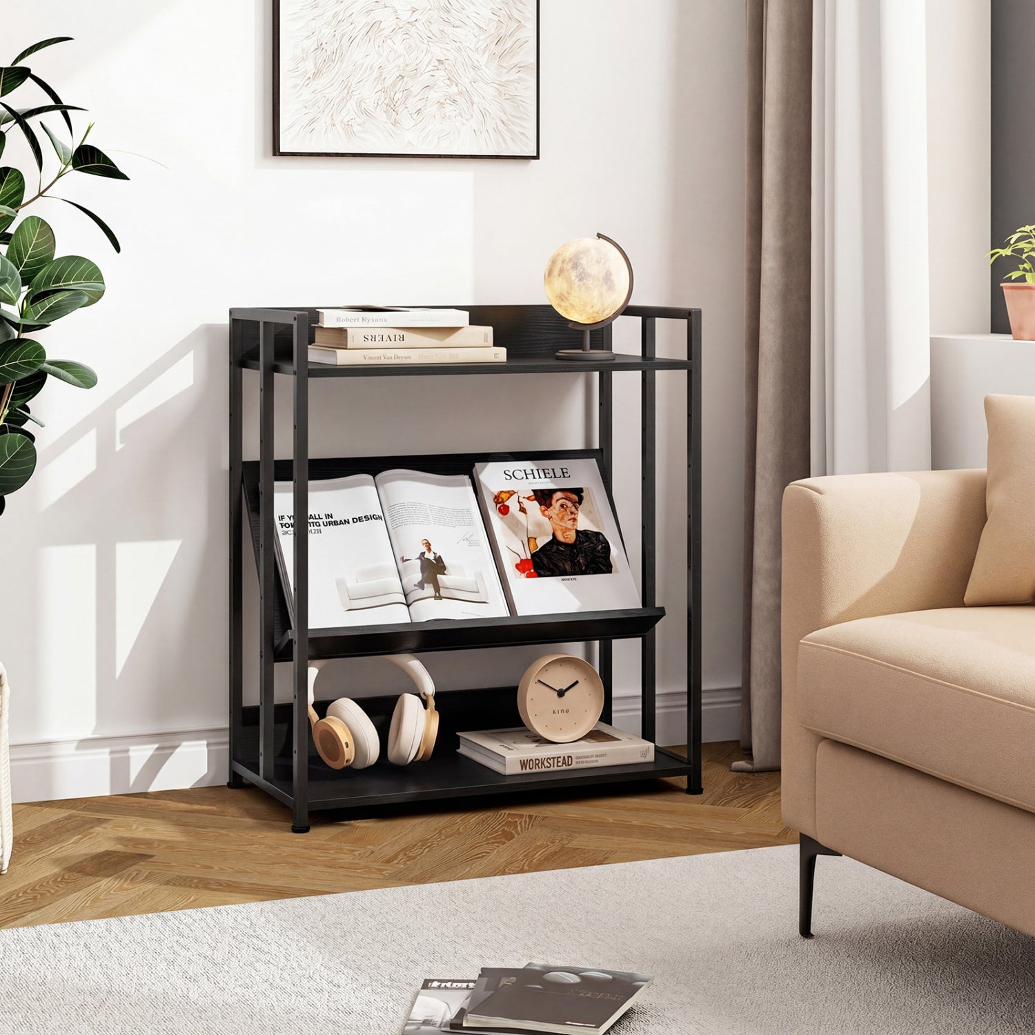 3-Tier Corner Bookshelf with Adjustable Shelves and Anti-Toppling Device for Study-Black