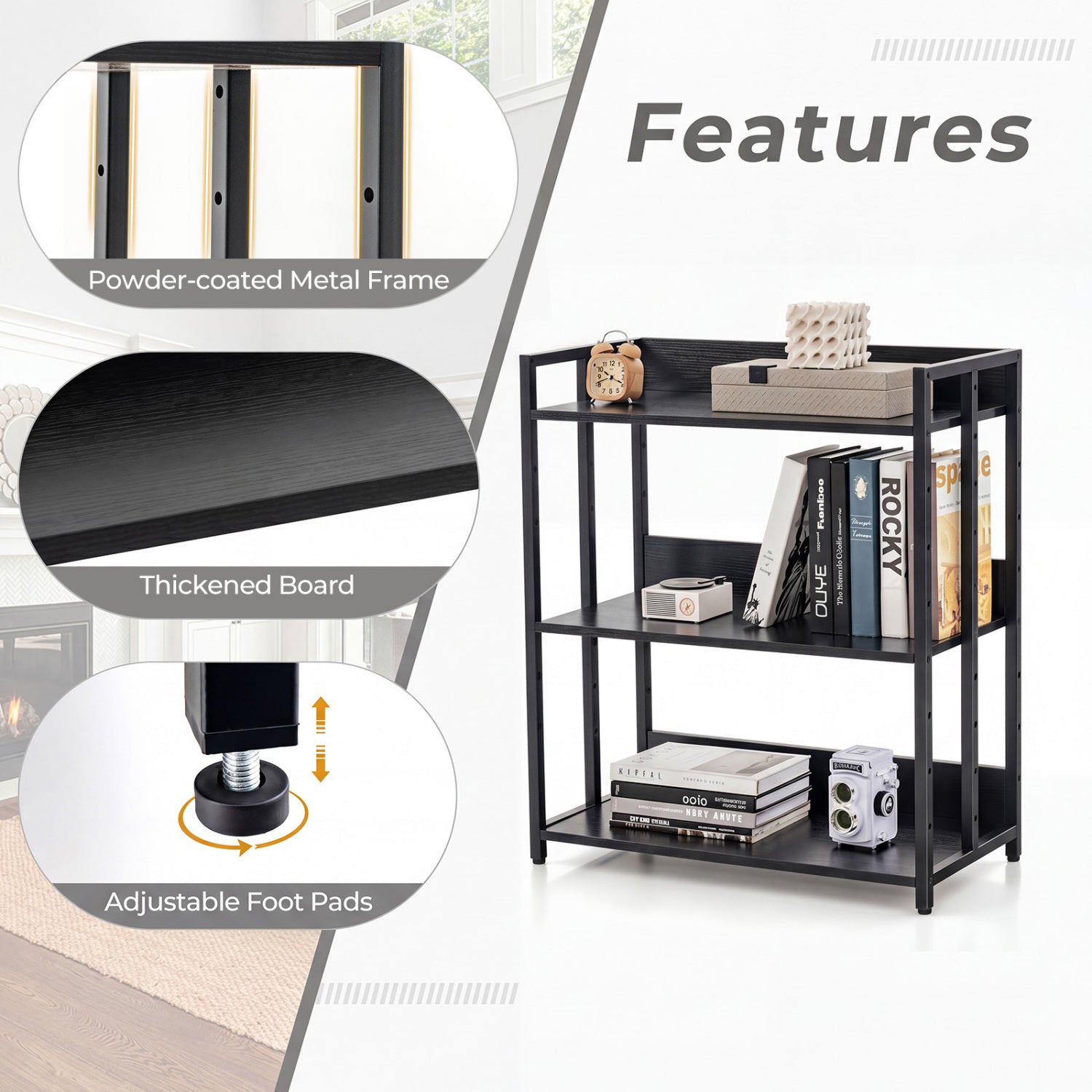 3-Tier Corner Bookshelf with Adjustable Shelves and Anti-Toppling Device for Study-Black