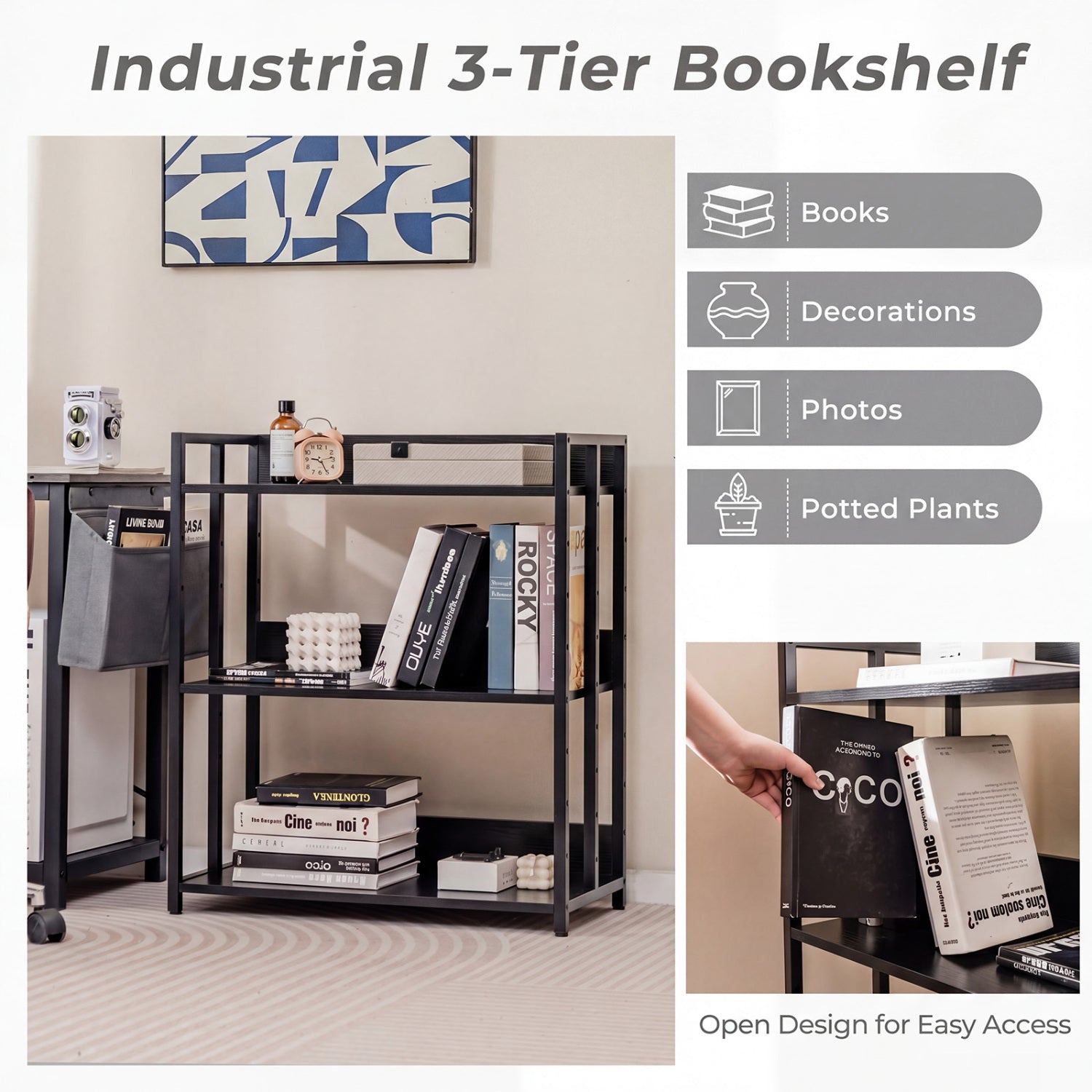 3-Tier Corner Bookshelf with Adjustable Shelves and Anti-Toppling Device for Study-Black