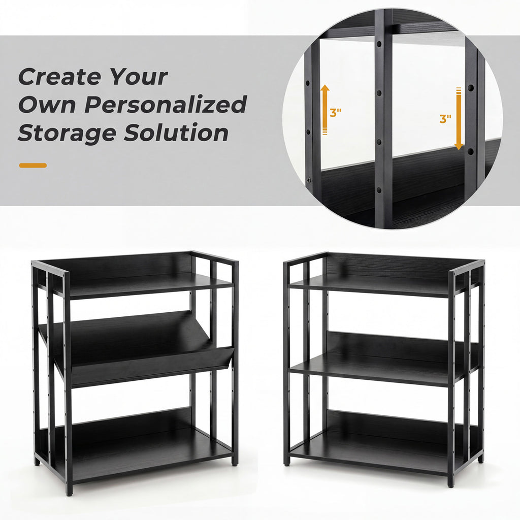 3-Tier Corner Bookshelf with Adjustable Shelves and Anti-Toppling Device for Study-Black