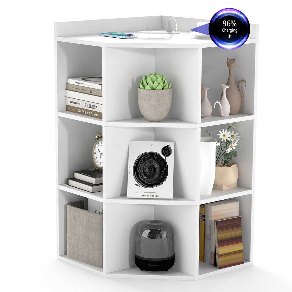 3-Tier Corner Cabinet with Charging Station for Bedroom-White