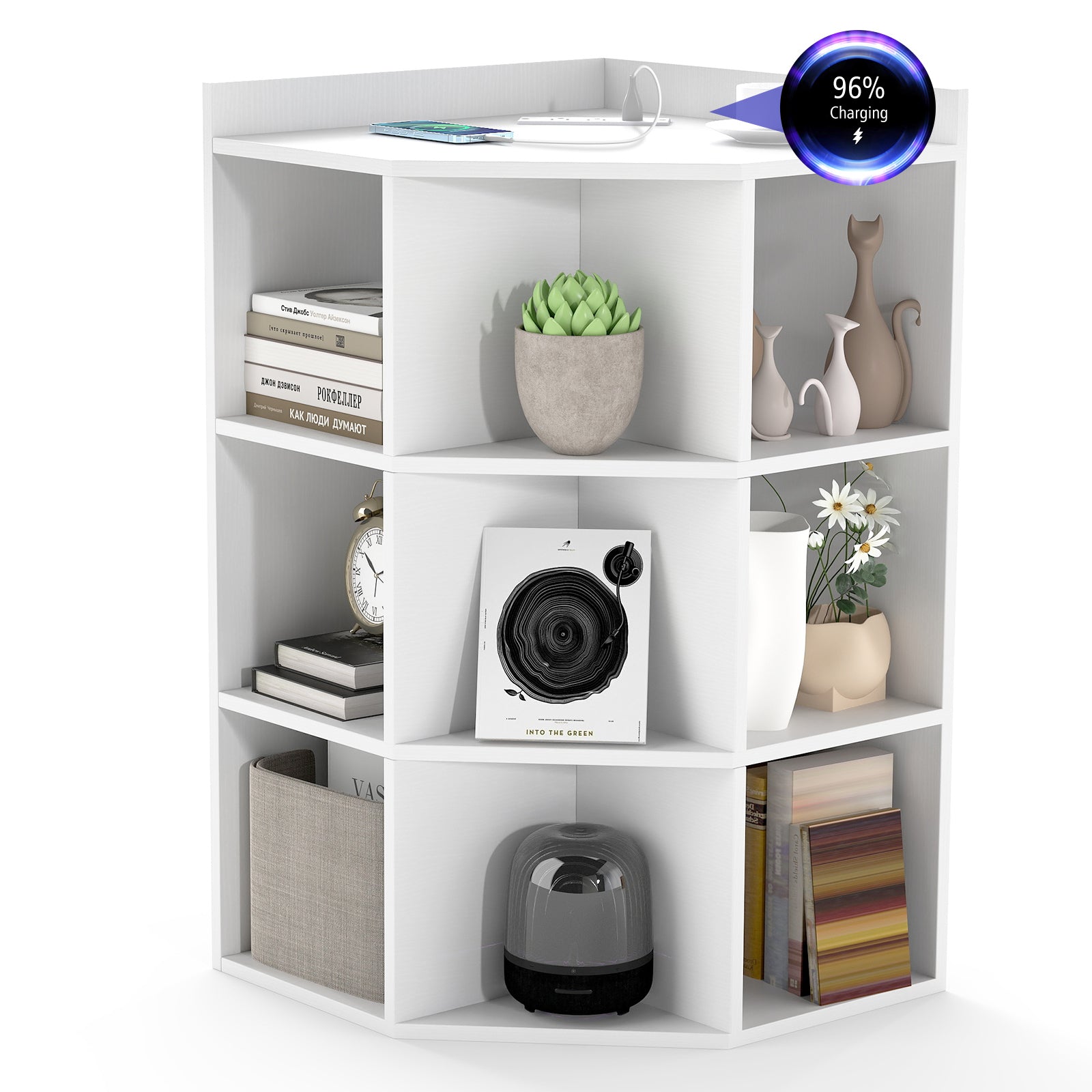 3-Tier Corner Cabinet with Charging Station for Bedroom-White