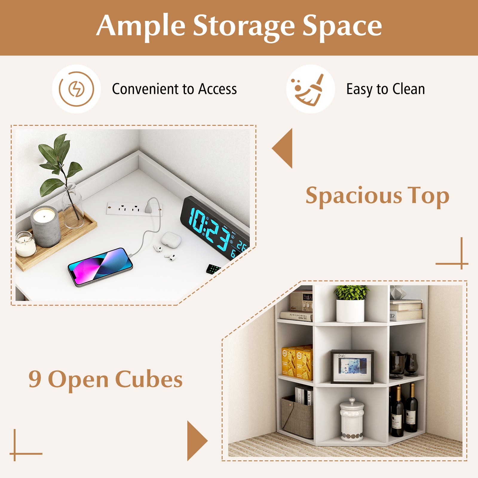 3-Tier Corner Cabinet with Charging Station for Bedroom-White