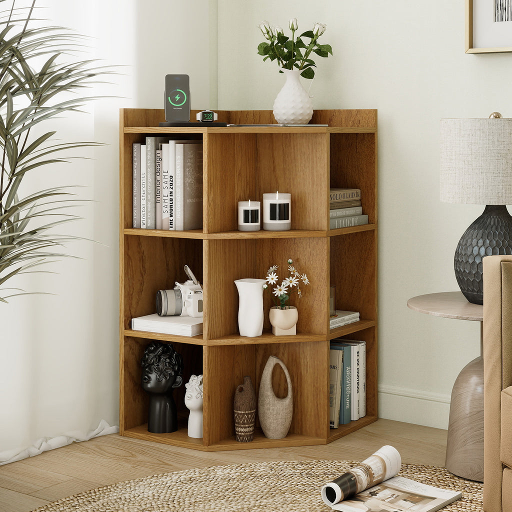 3-Tier Corner Cabinet with Charging Station for Bedroom-Natural