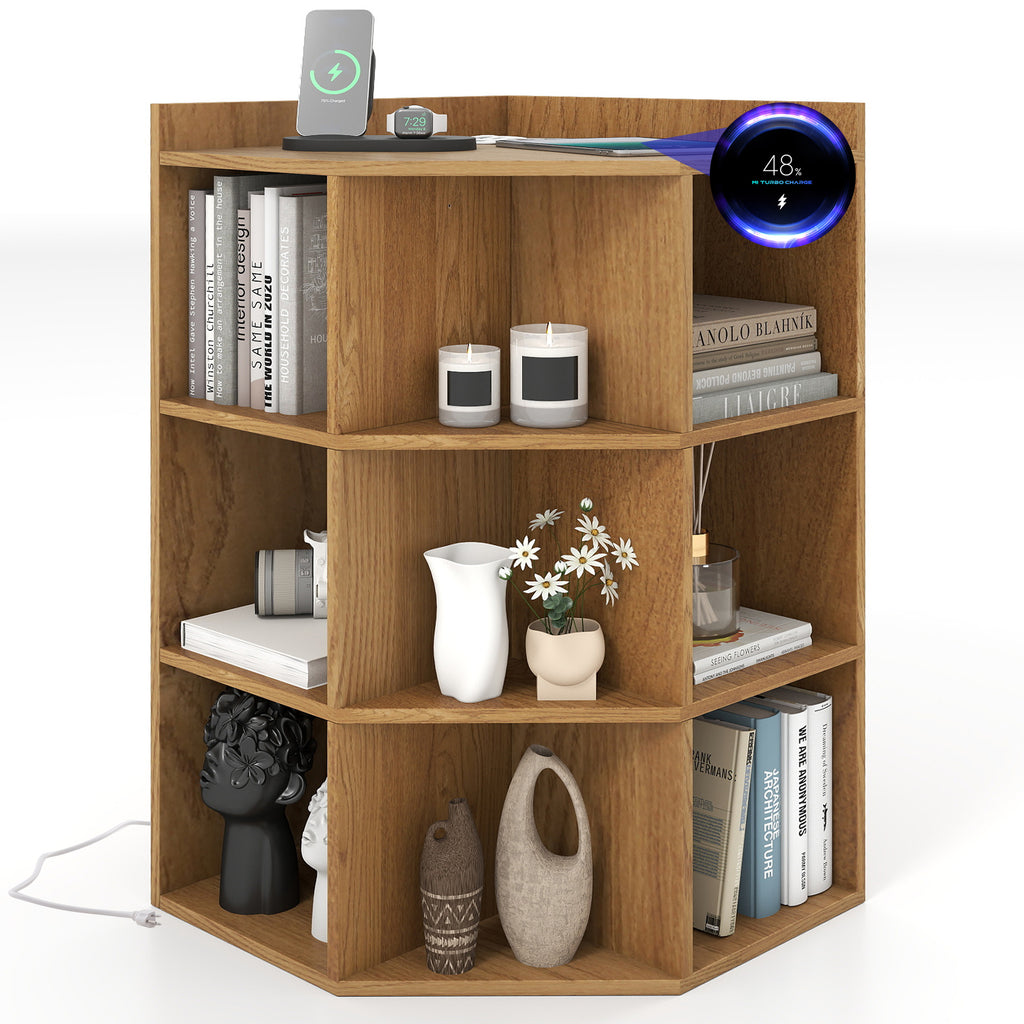 3-Tier Corner Cabinet with Charging Station for Bedroom-Natural