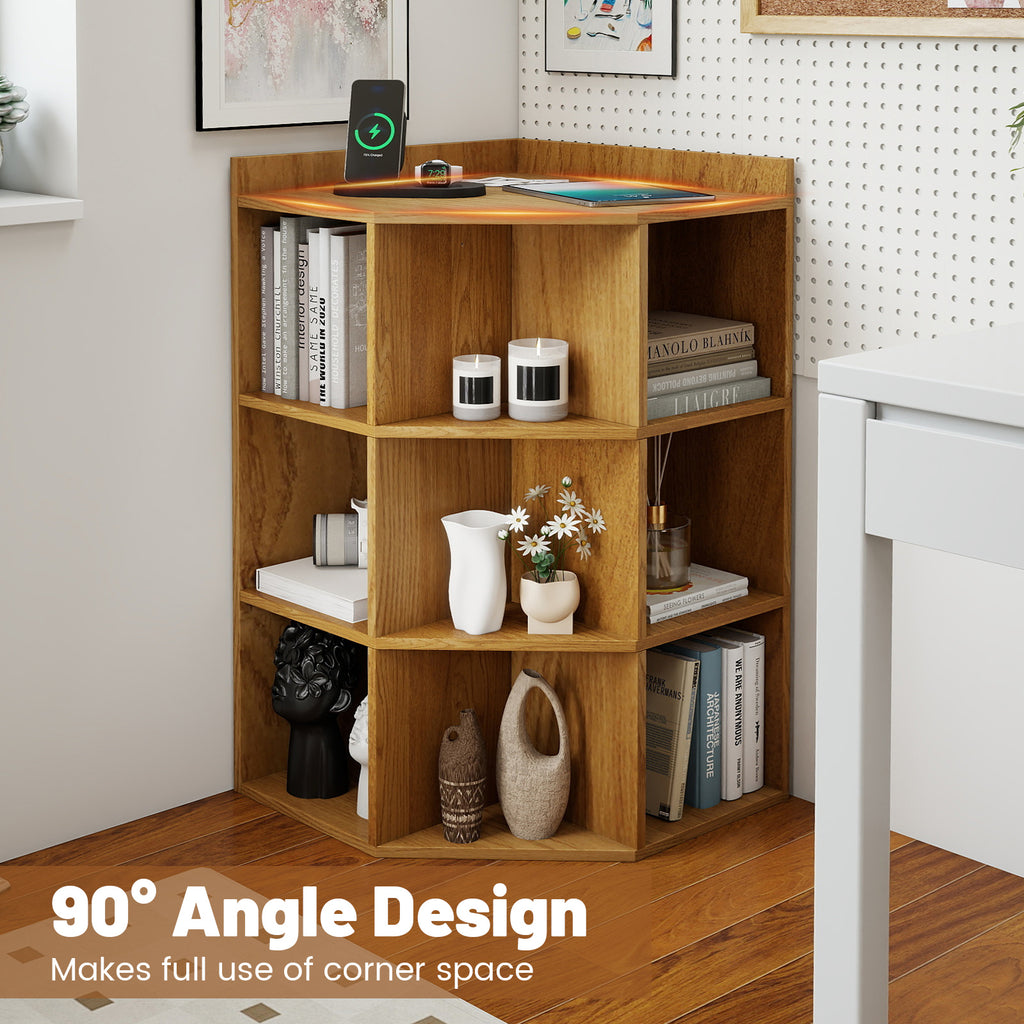 3-Tier Corner Cabinet with Charging Station for Bedroom-Natural