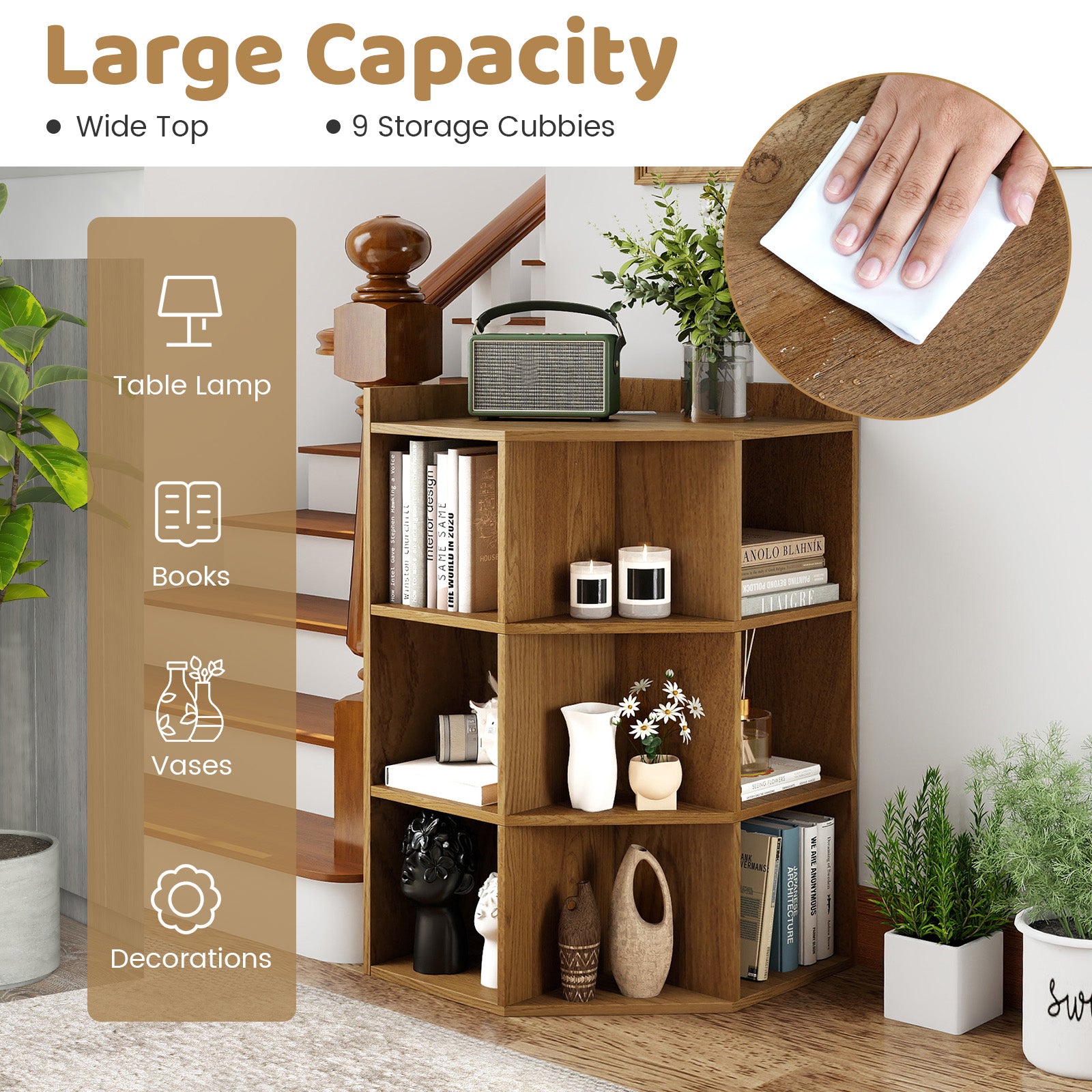 3-Tier Corner Cabinet with Charging Station for Bedroom-Natural