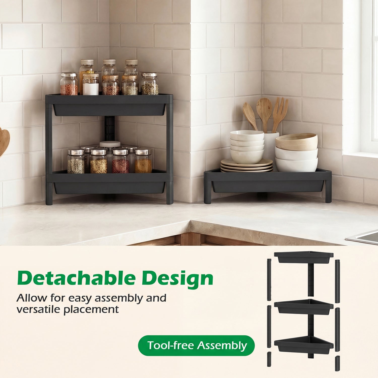 3-Tier Corner Shower Caddy 2-Pack with Detachable Design-Black