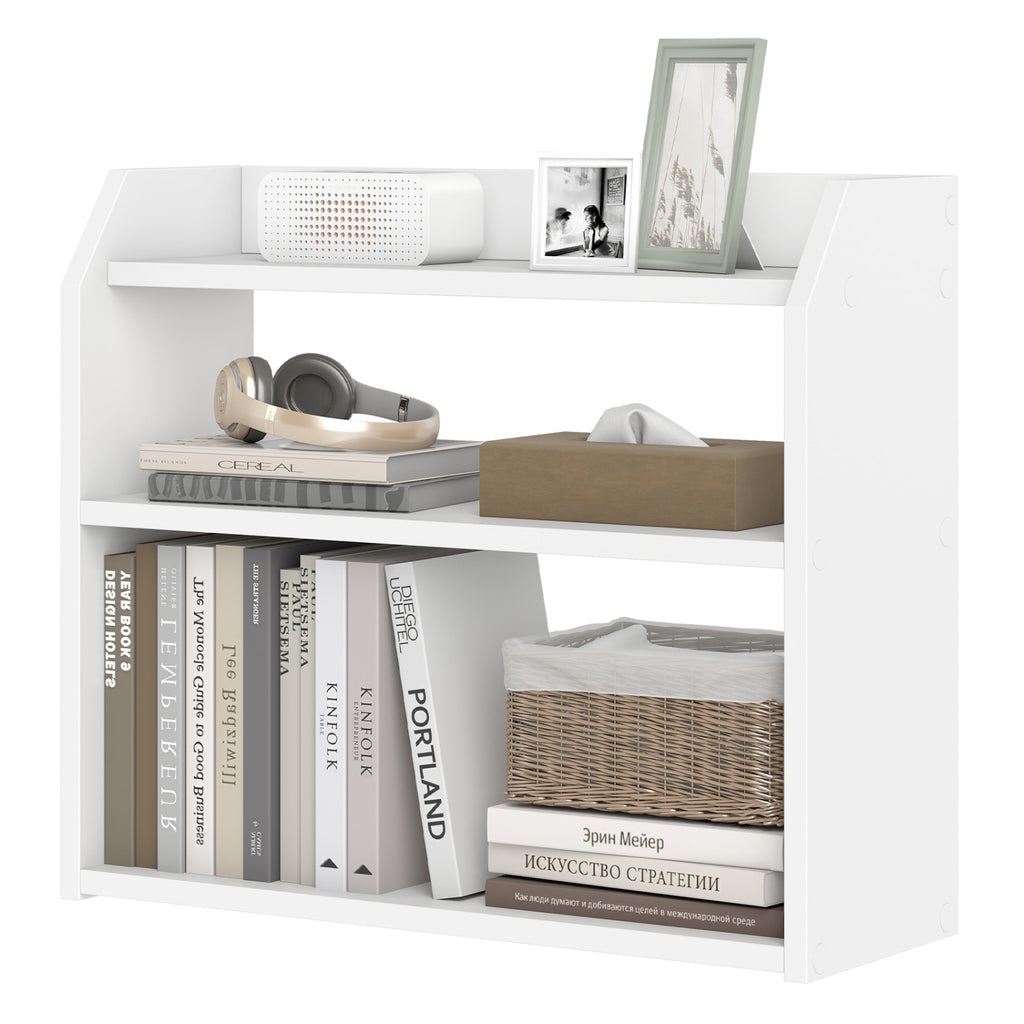 3-Tier Desktop Bookshelf Wooden Countertop Bookcase with Raised Top Guardrails-White