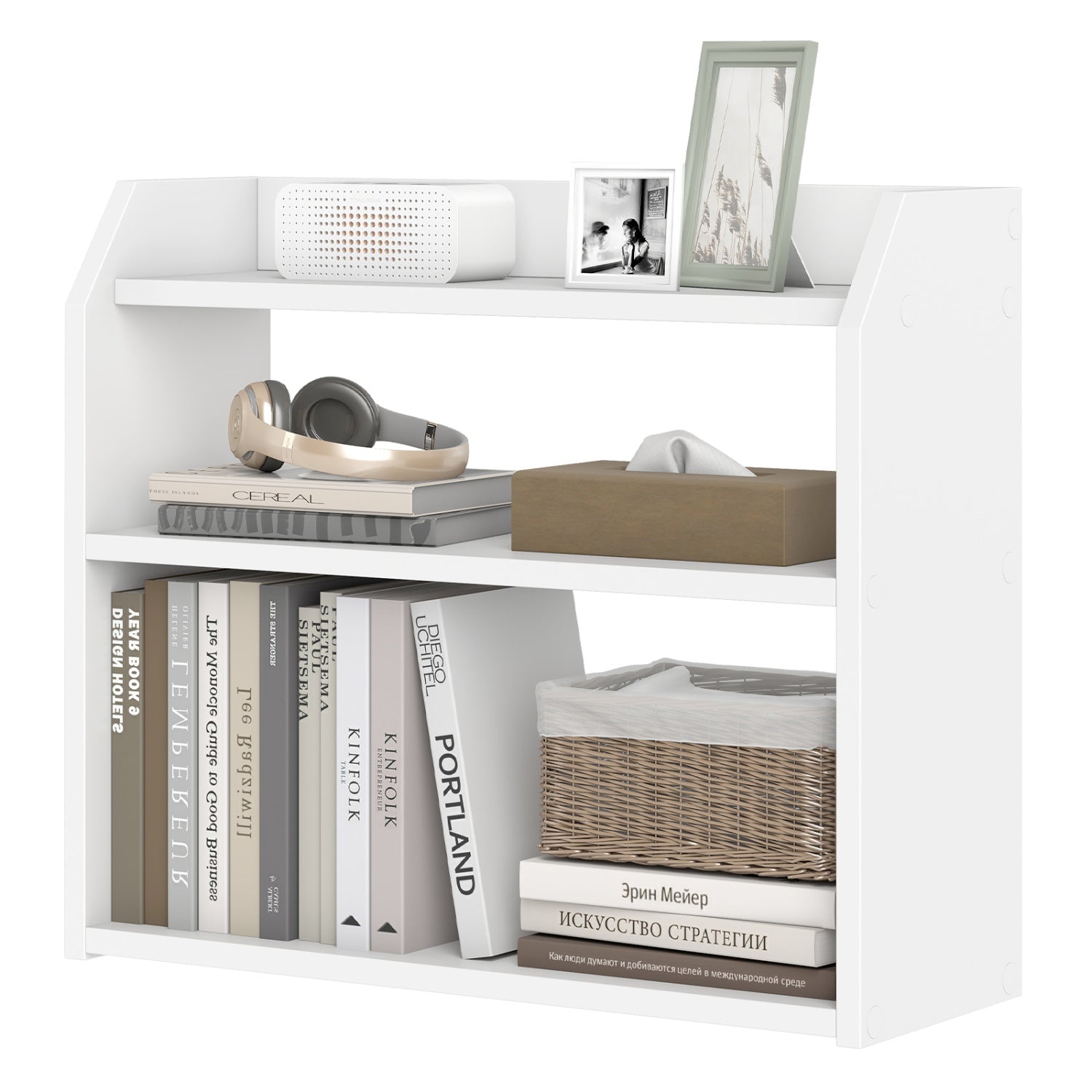 3-Tier Desktop Bookshelf Wooden Countertop Bookcase with Raised Top Guardrails-White