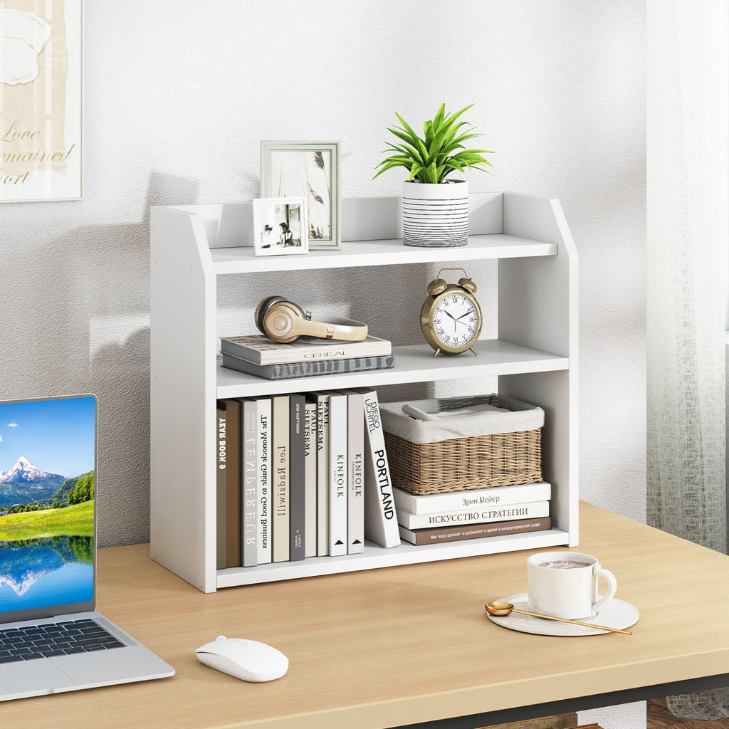 3-Tier Desktop Bookshelf Wooden Countertop Bookcase with Raised Top Guardrails-White