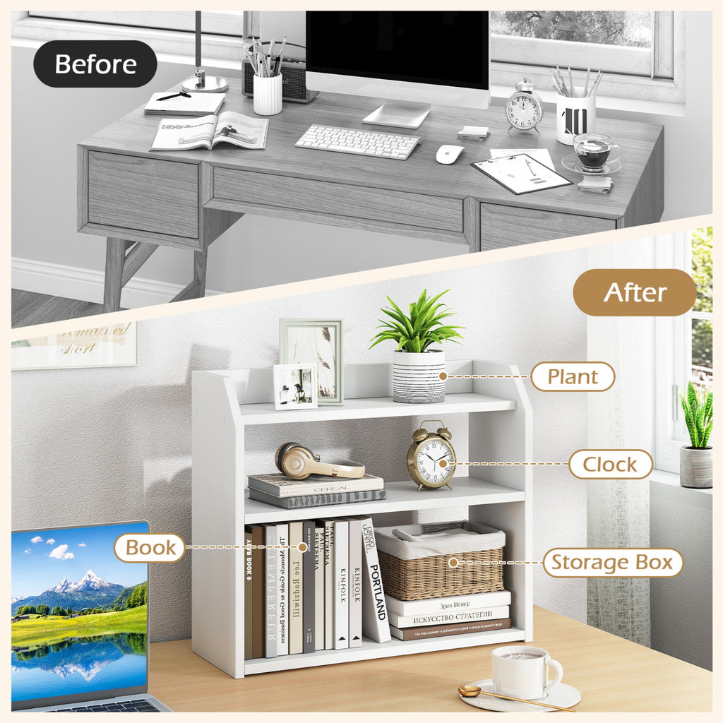 3-Tier Desktop Bookshelf Wooden Countertop Bookcase with Raised Top Guardrails-White
