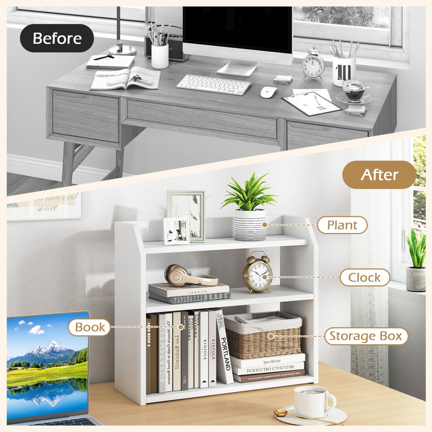 3-Tier Desktop Bookshelf Wooden Countertop Bookcase with Raised Top Guardrails-White
