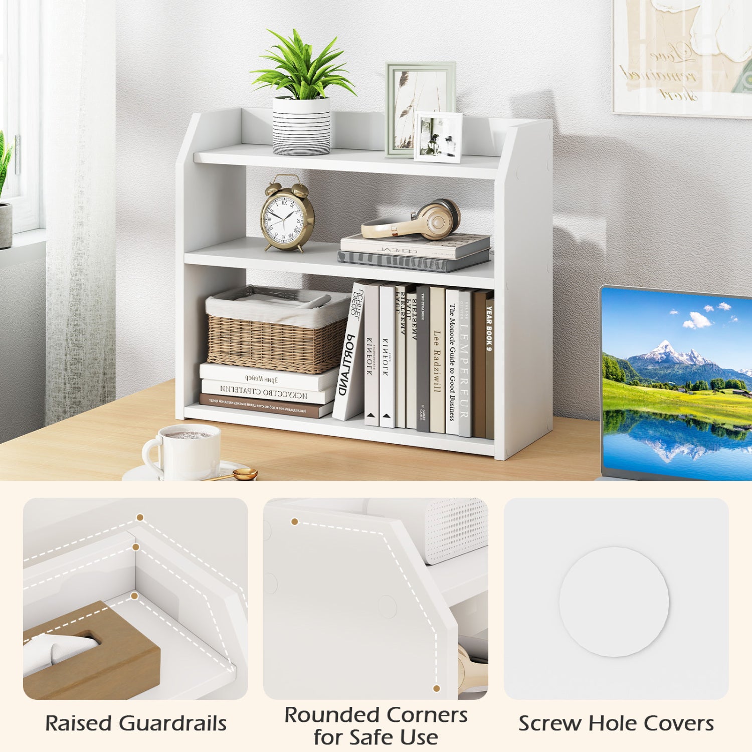 3-Tier Desktop Bookshelf Wooden Countertop Bookcase with Raised Top Guardrails-White