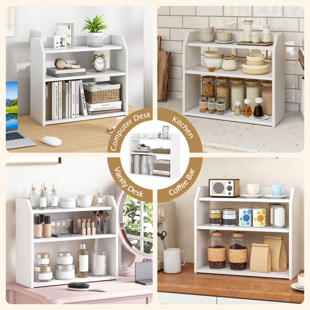 3-Tier Desktop Bookshelf Wooden Countertop Bookcase with Raised Top Guardrails-White