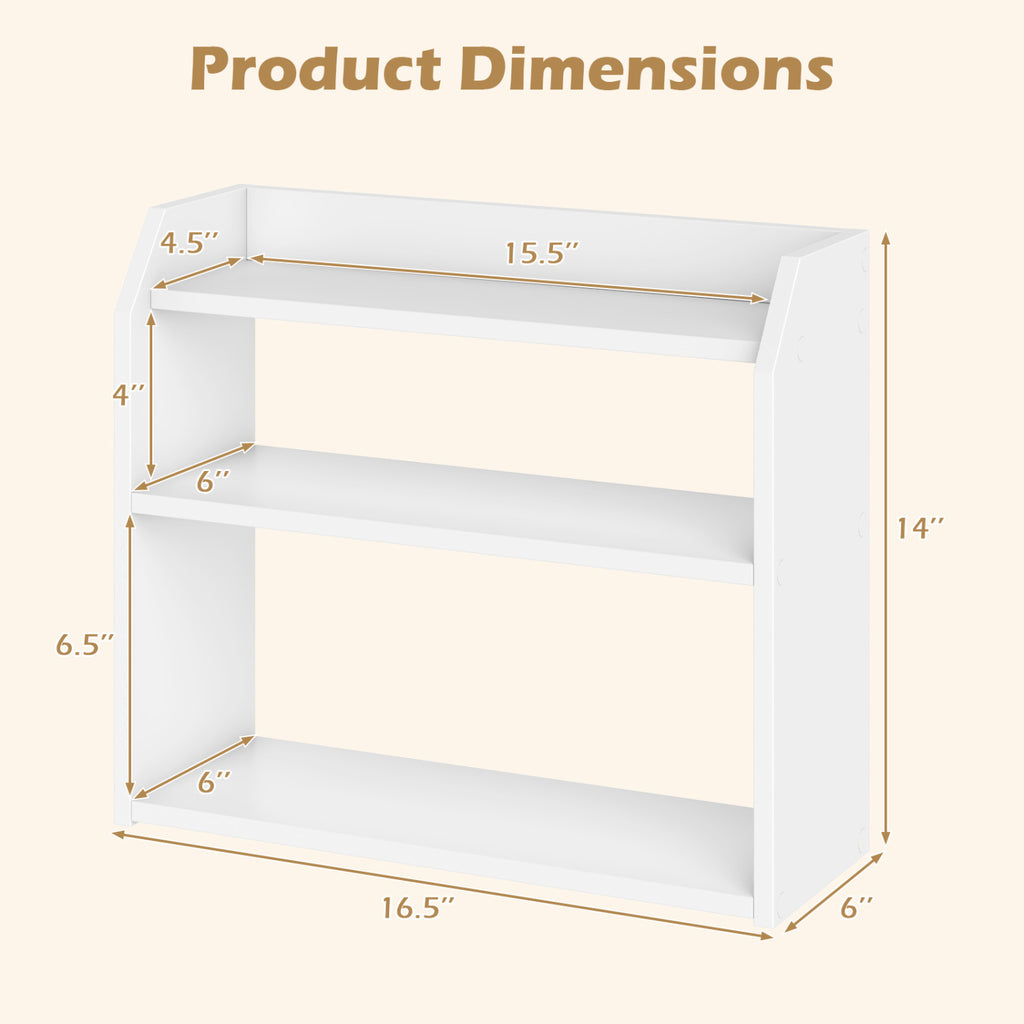 3-Tier Desktop Bookshelf Wooden Countertop Bookcase with Raised Top Guardrails-White
