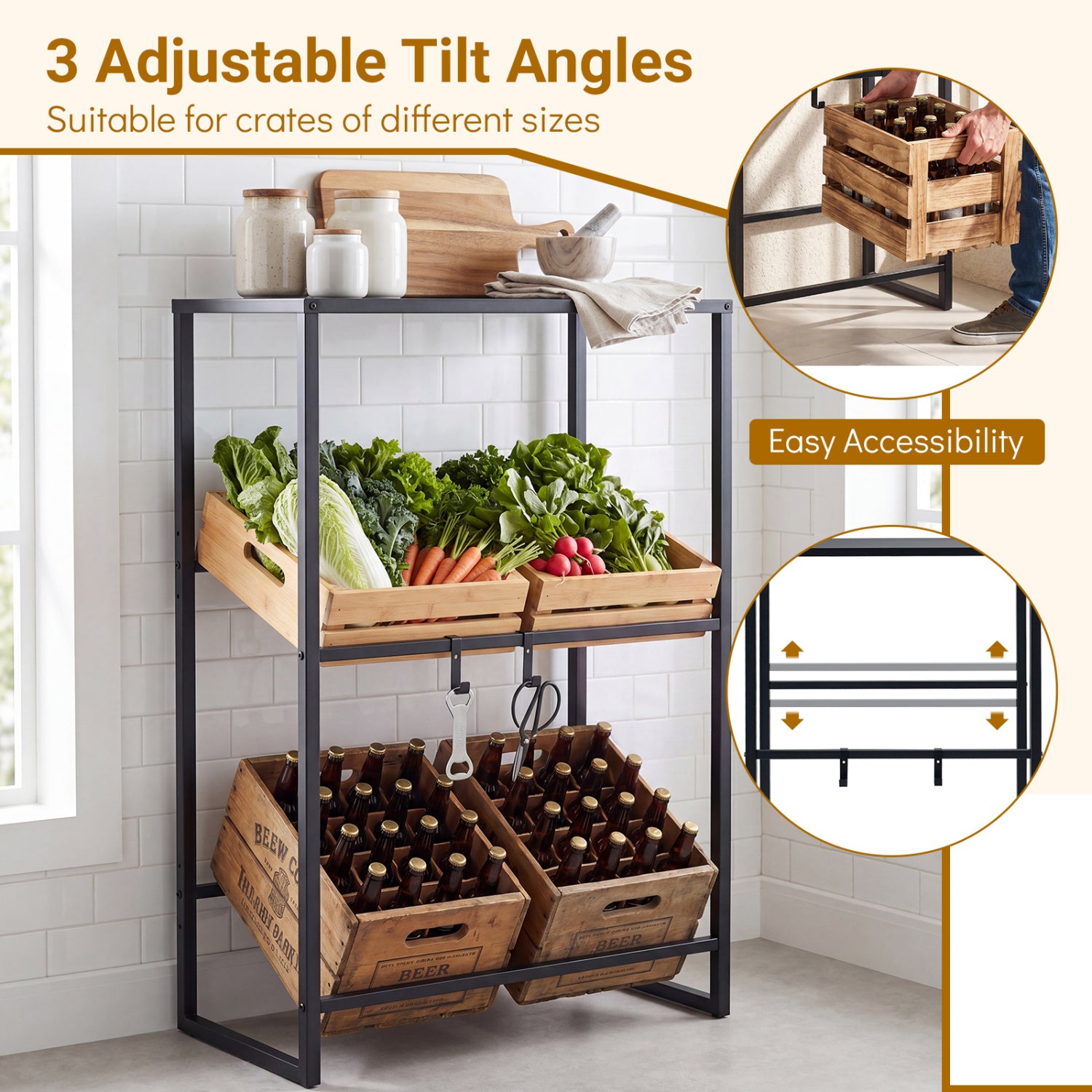 3-Tier Drink Crate Rack with Shelf for Beer and Water for Kitchen and Garage-Black