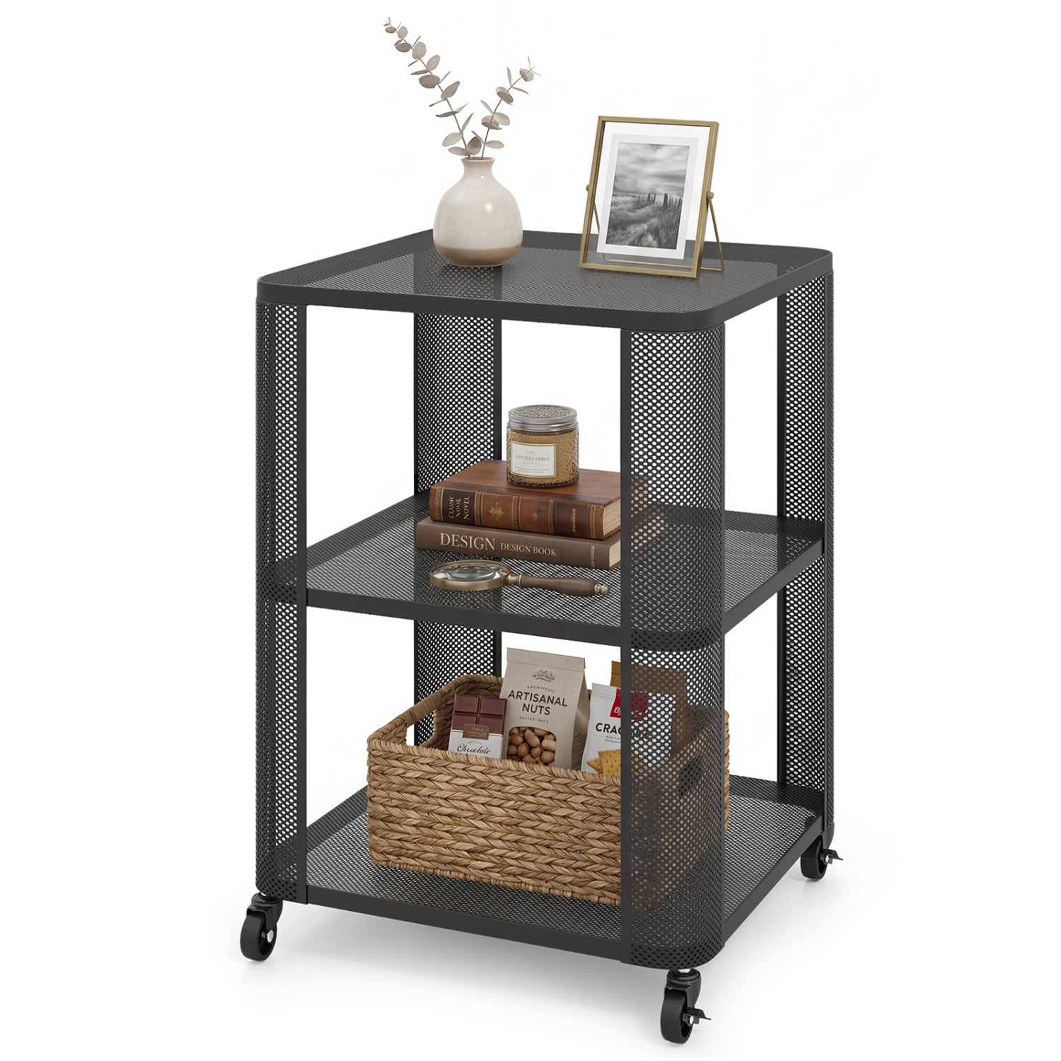 3-Tier End Table with Wheels Rolling Side Table with Open Storage Shelves-1 Piece