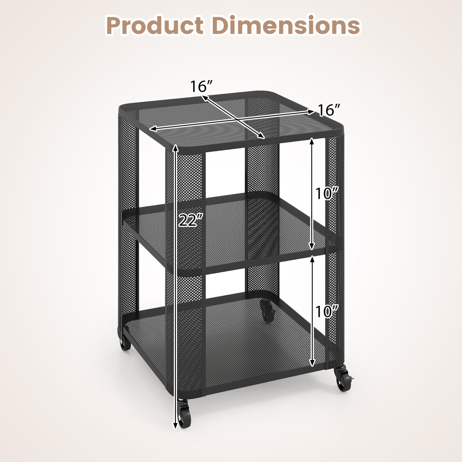 3-Tier End Table with Wheels Rolling Side Table with Open Storage Shelves-1 Piece