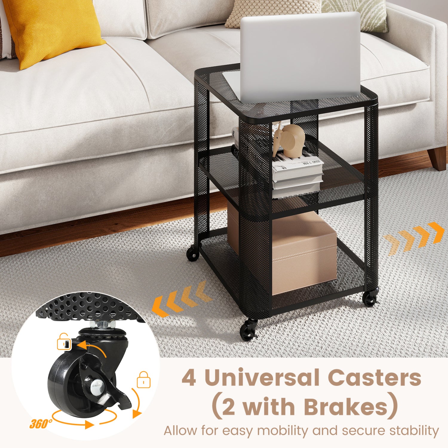3-Tier End Table with Wheels Rolling Side Table with Open Storage Shelves-1 Piece