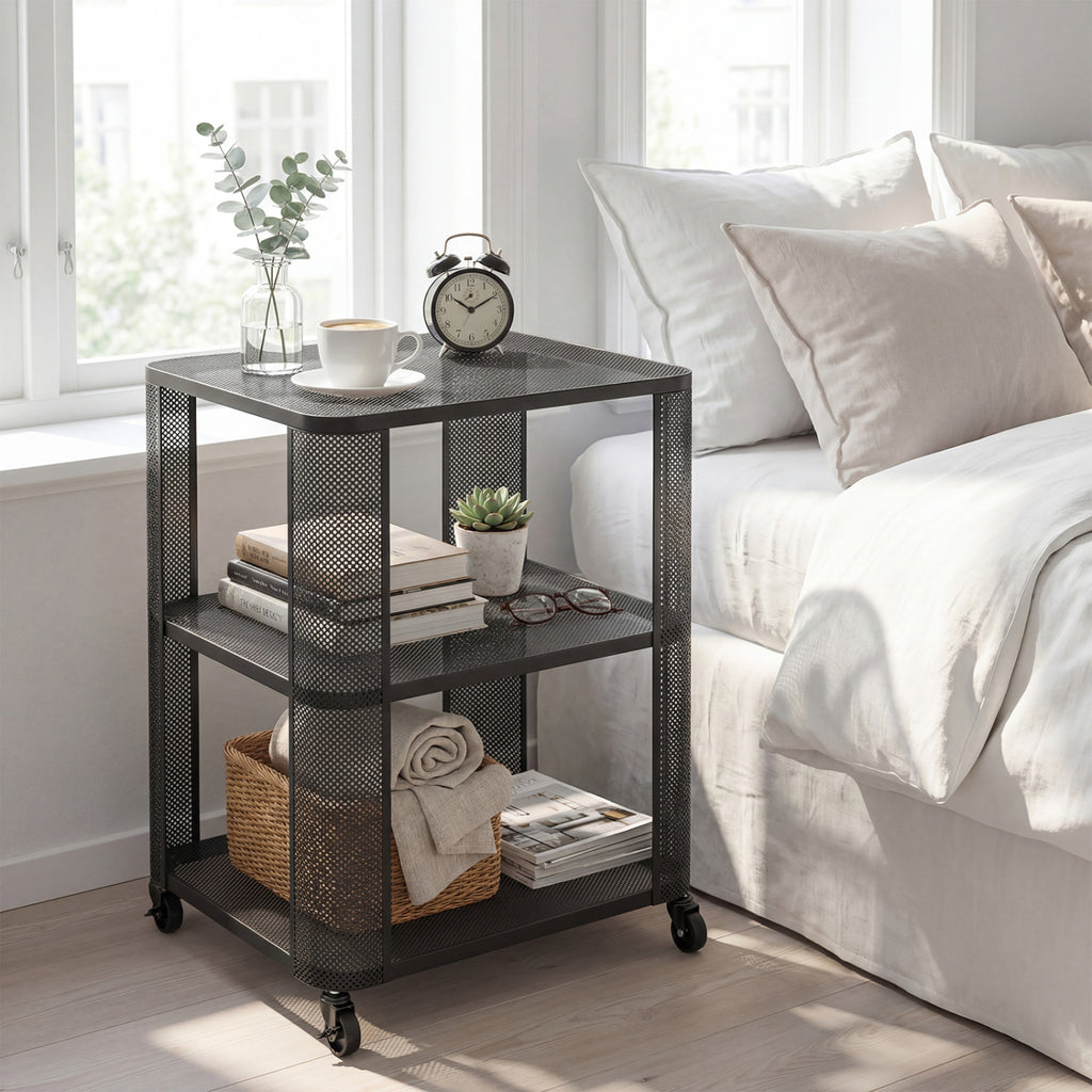 3-Tier End Table with Wheels Rolling Side Table with Open Storage Shelves-1 Piece