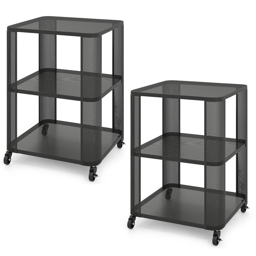 3-Tier End Table with Wheels Rolling Side Table with Open Storage Shelves-Set of 2