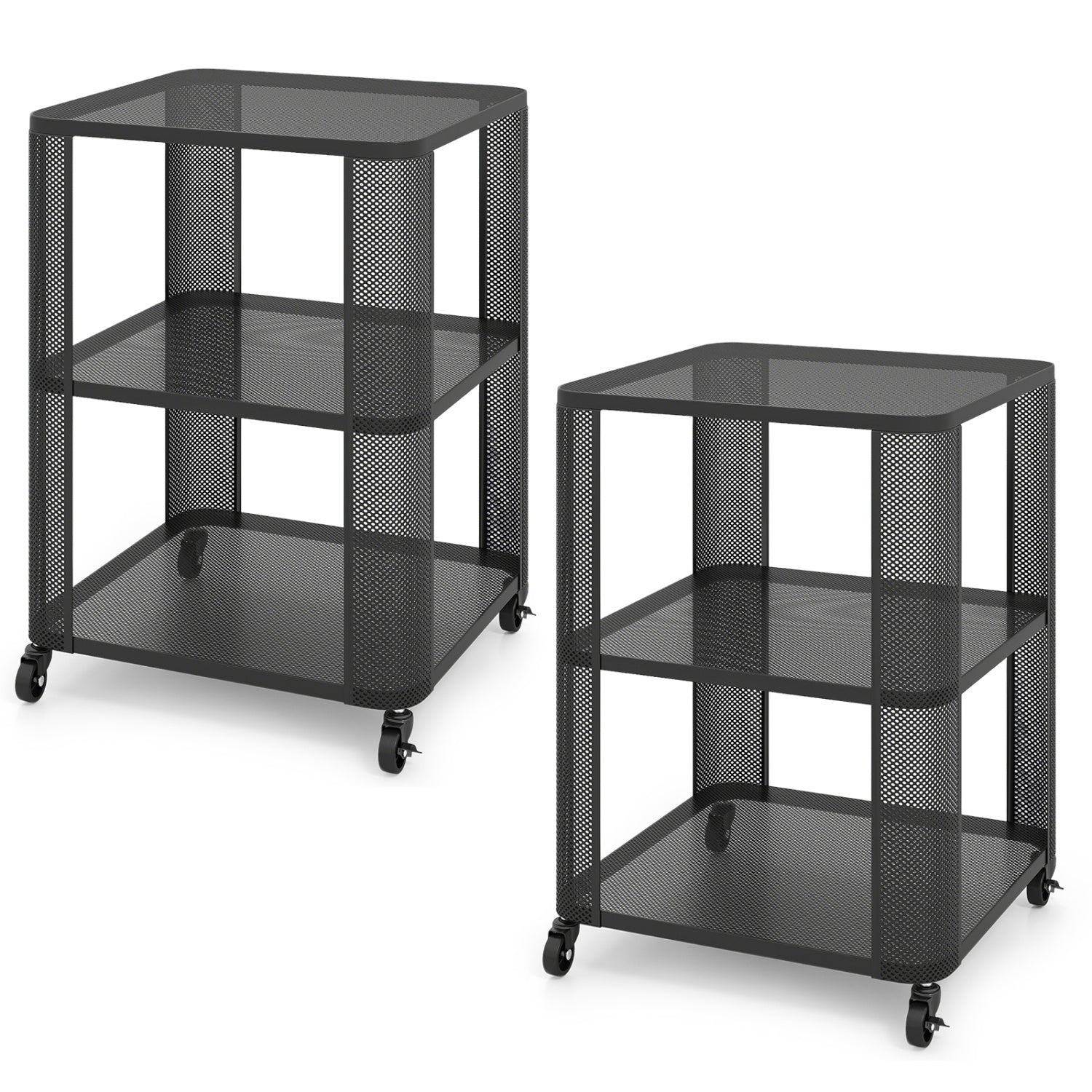 3-Tier End Table with Wheels Rolling Side Table with Open Storage Shelves-Set of 2