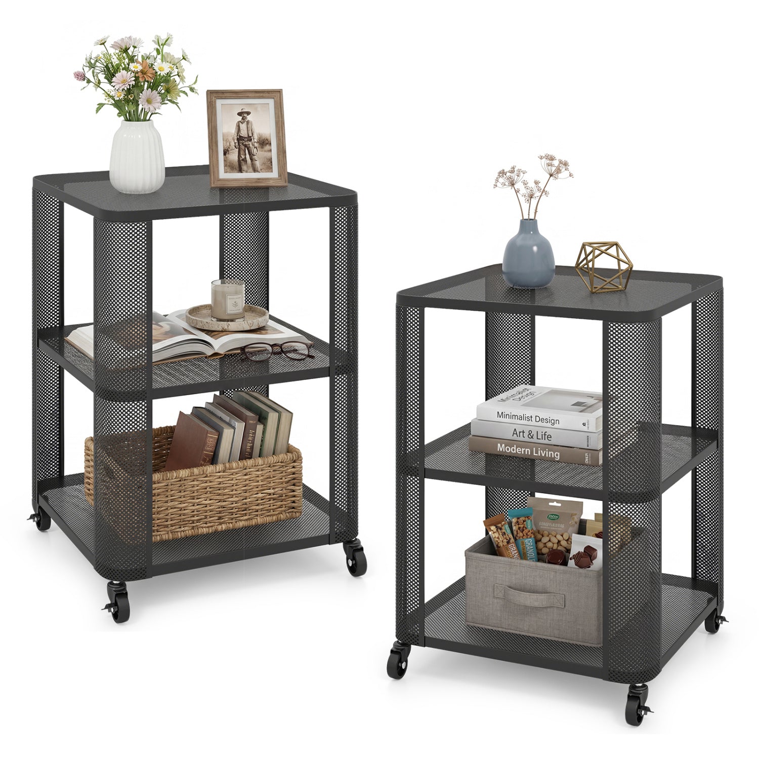 3-Tier End Table with Wheels Rolling Side Table with Open Storage Shelves-Set of 2