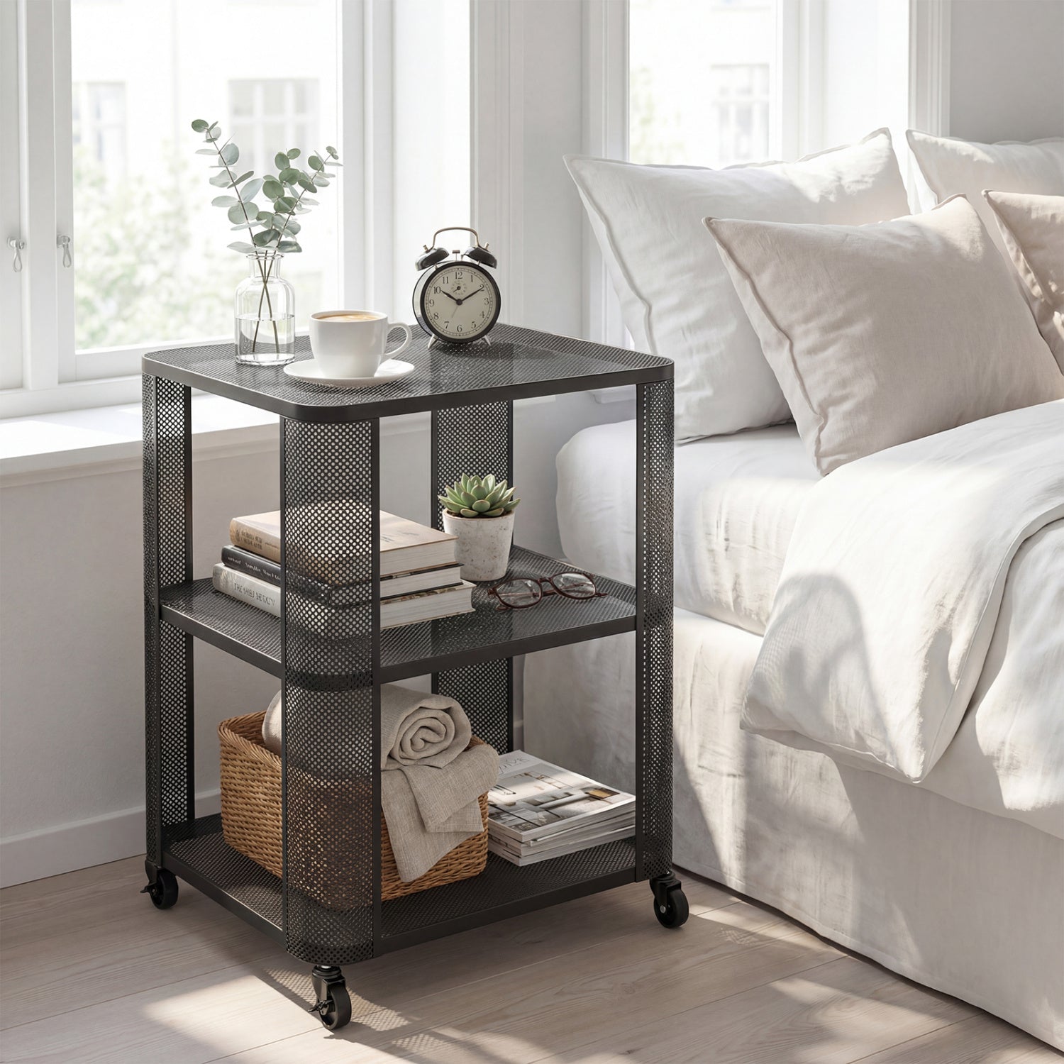 3-Tier End Table with Wheels Rolling Side Table with Open Storage Shelves-Set of 2