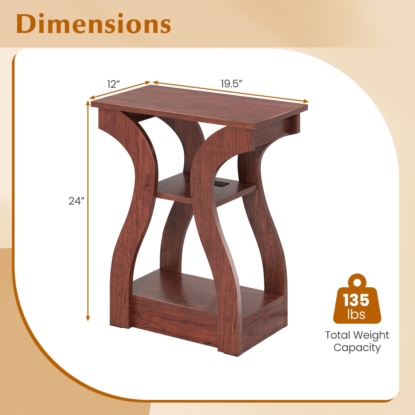 3-Tier End Tables with Charging Station Set of 2 with Open Storage Shelves-Cherry