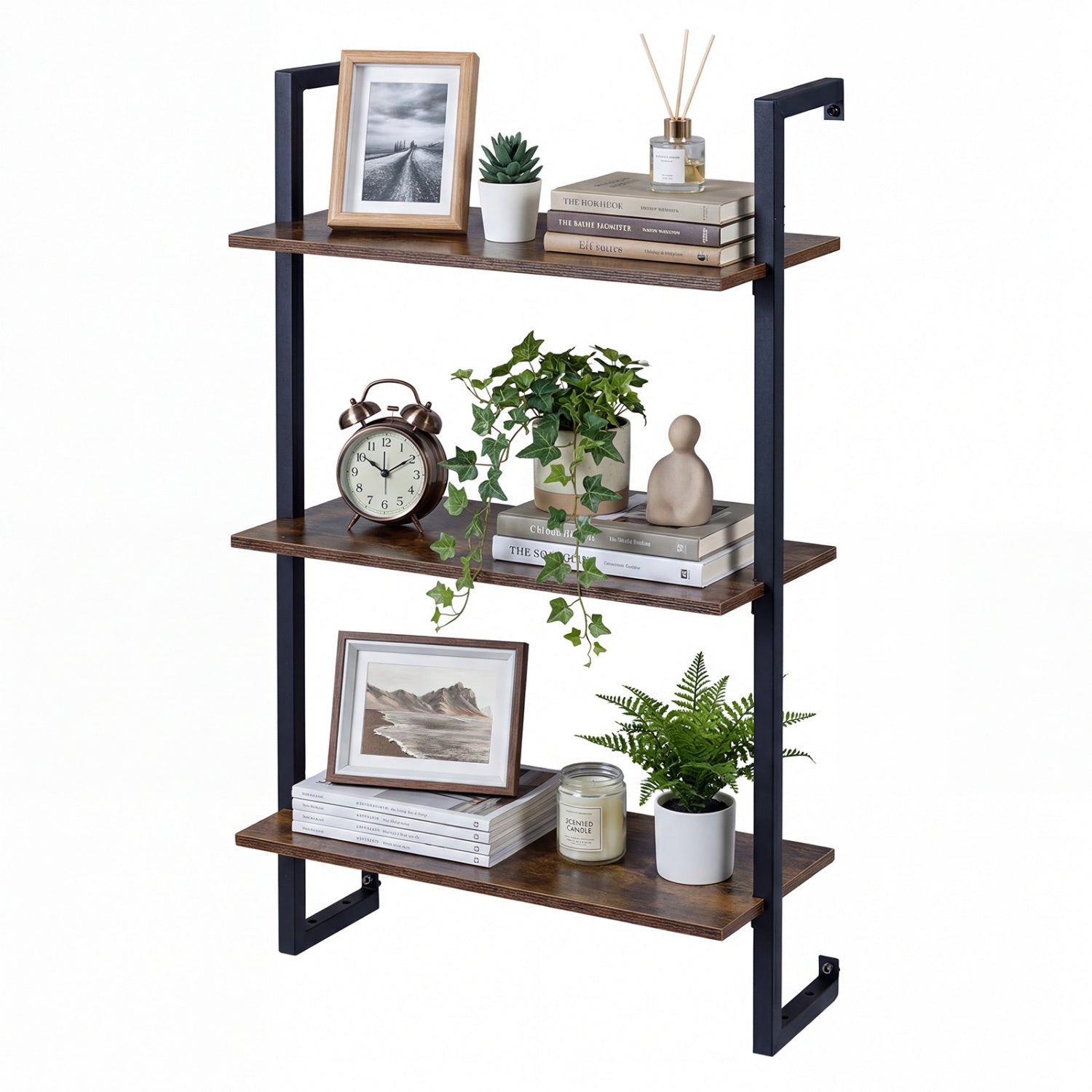 3-Tier Floating Modern Kitchen Shelf for Living Room Home Office and Bathroom-Rustic Brown