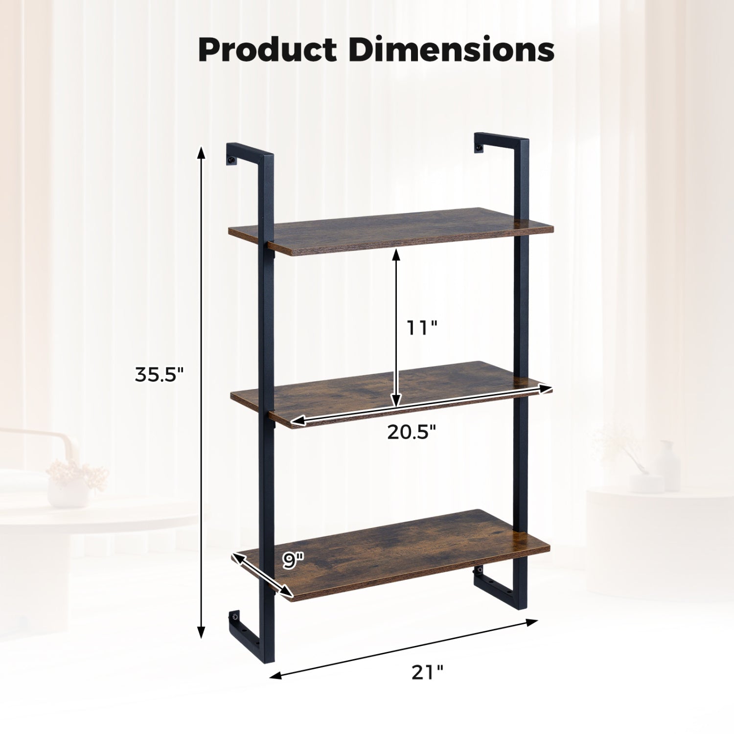 3-Tier Floating Modern Kitchen Shelf for Living Room Home Office and Bathroom-Rustic Brown