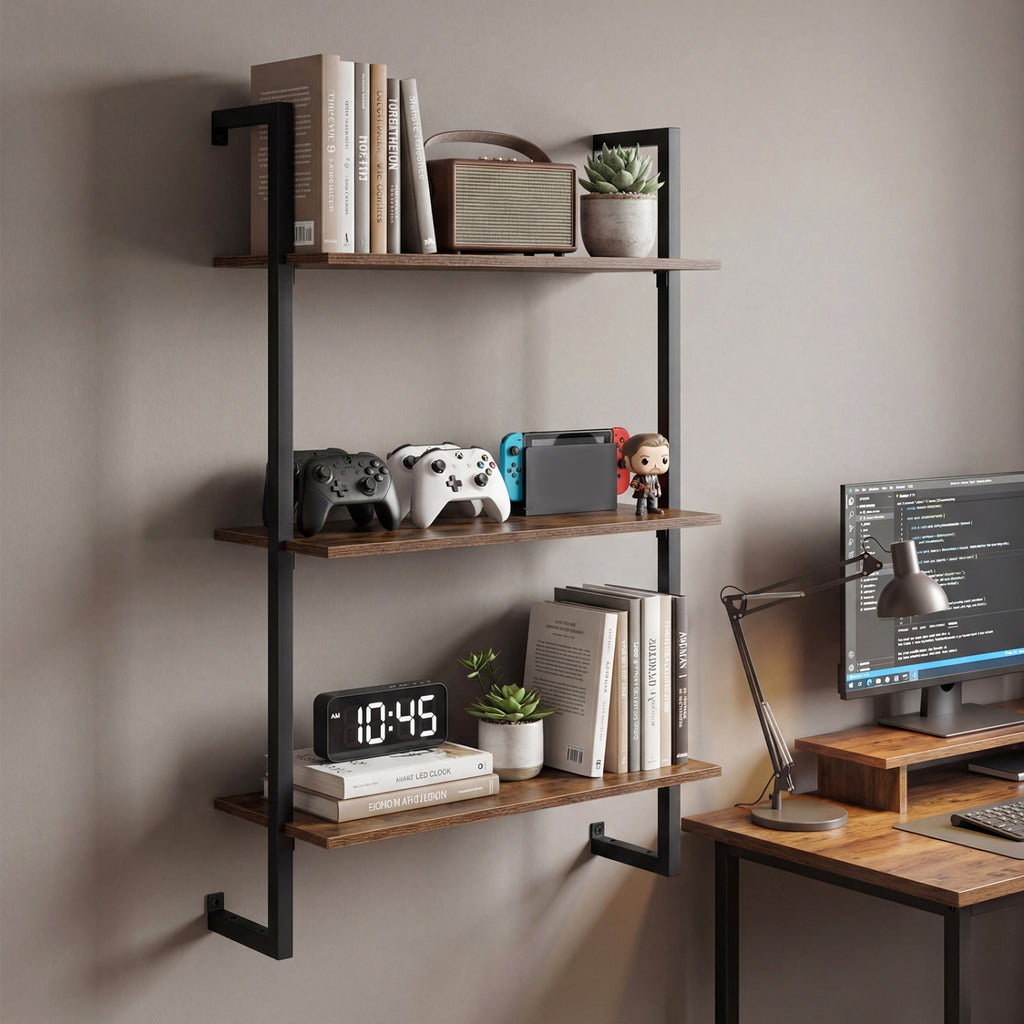 3-Tier Floating Modern Kitchen Shelf for Living Room Home Office and Bathroom-Rustic Brown