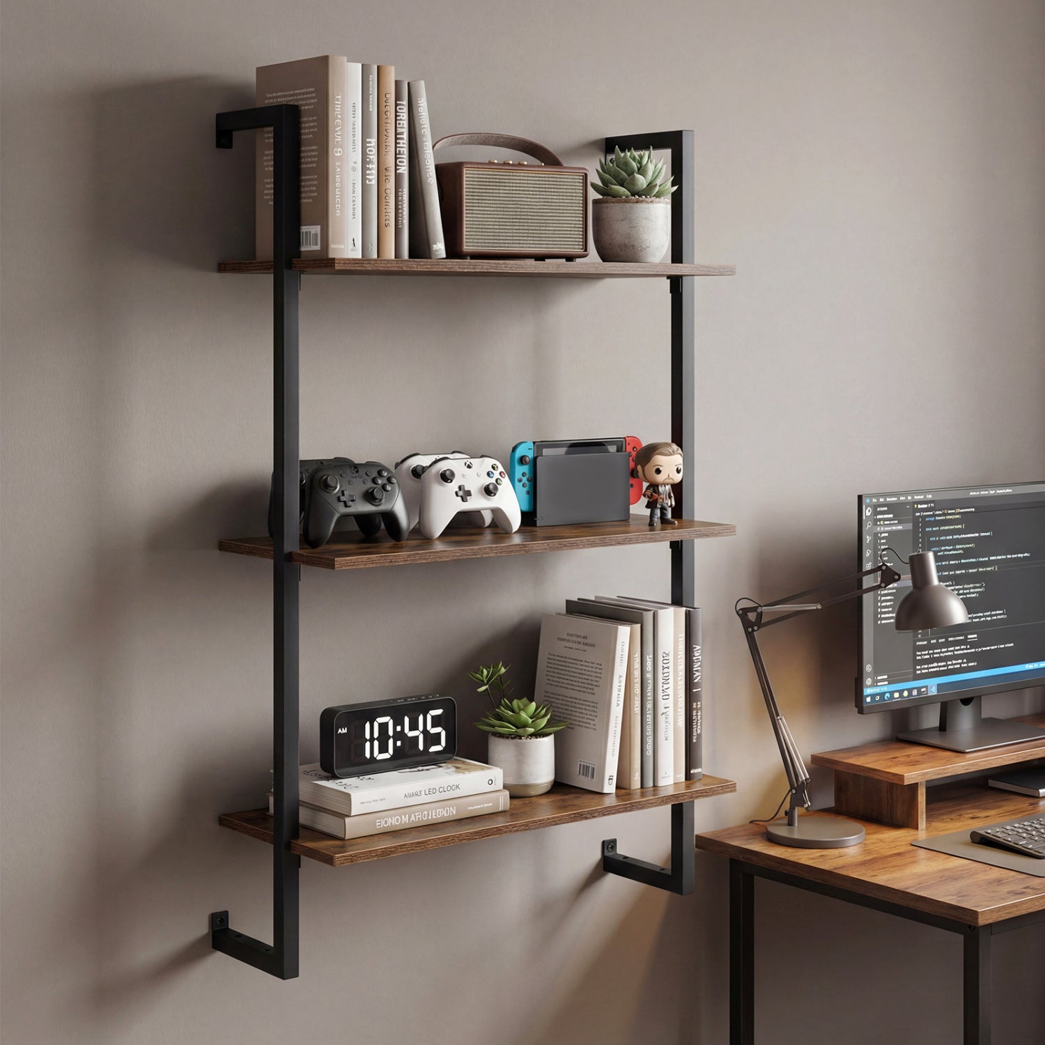 3-Tier Floating Modern Kitchen Shelf for Living Room Home Office and Bathroom-Rustic Brown