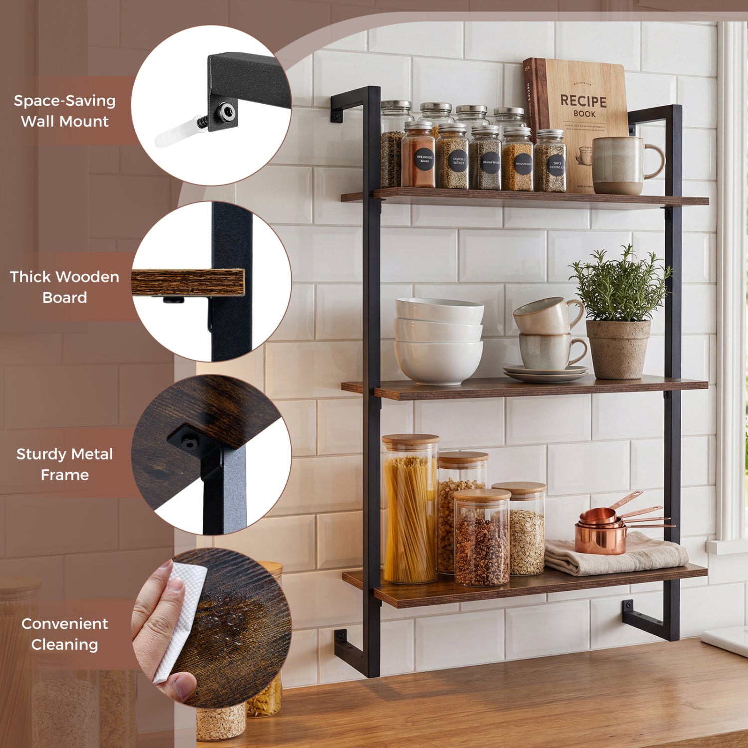 3-Tier Floating Modern Kitchen Shelf for Living Room Home Office and Bathroom-Rustic Brown