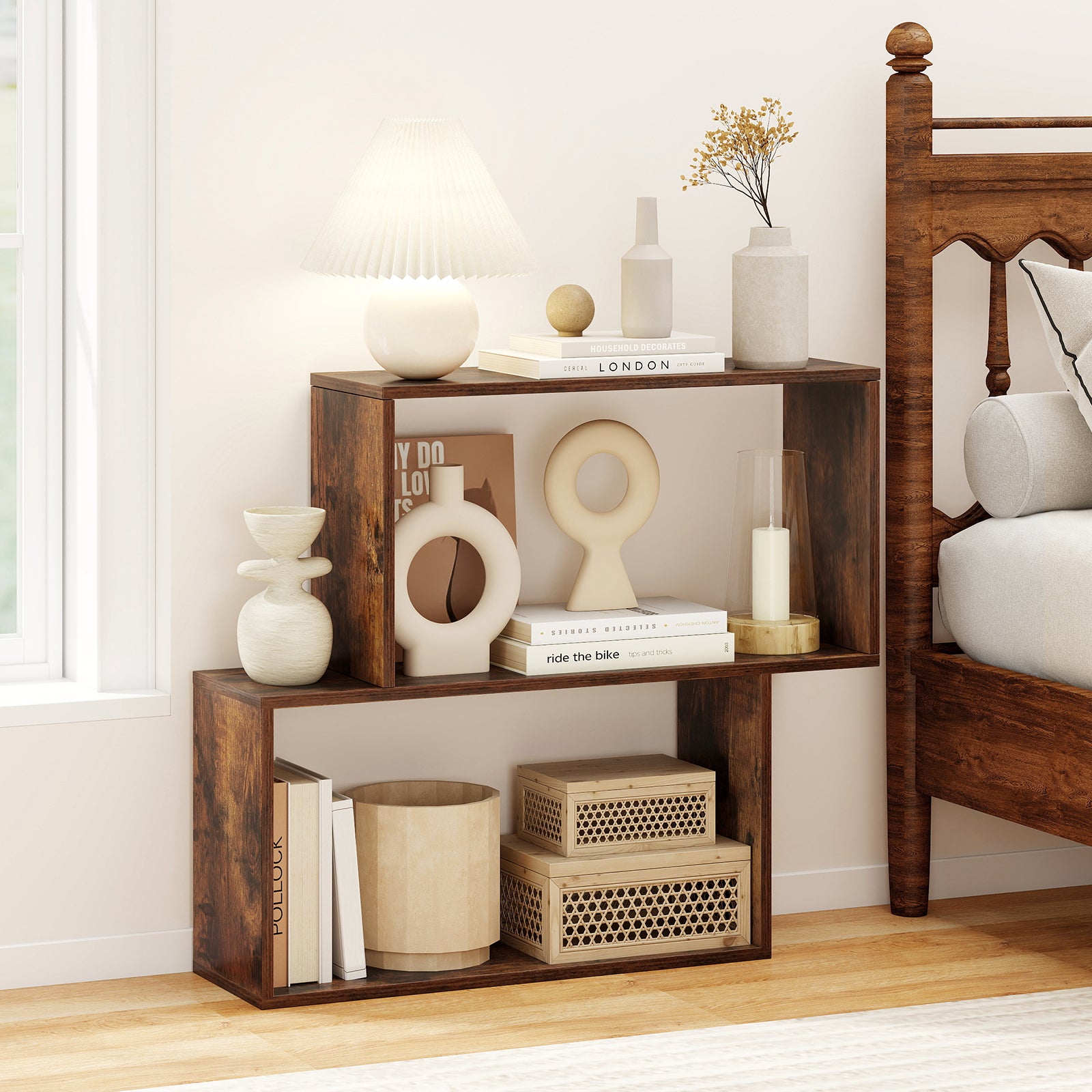 3-Tier Geometric Bookshelf Freestanding Wooden Bookcase with 2 Cubic Compartments-Brown