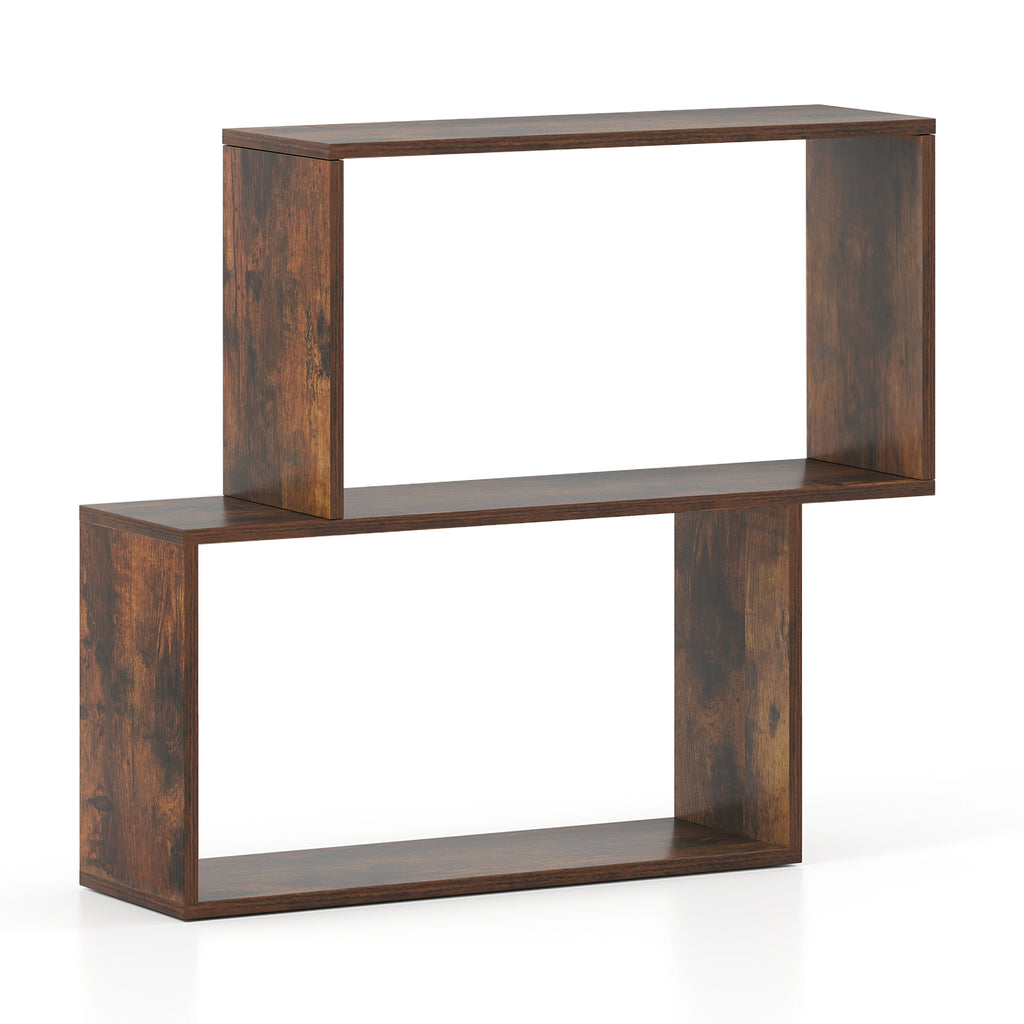 3-Tier Geometric Bookshelf Freestanding Wooden Bookcase with 2 Cubic Compartments-Brown