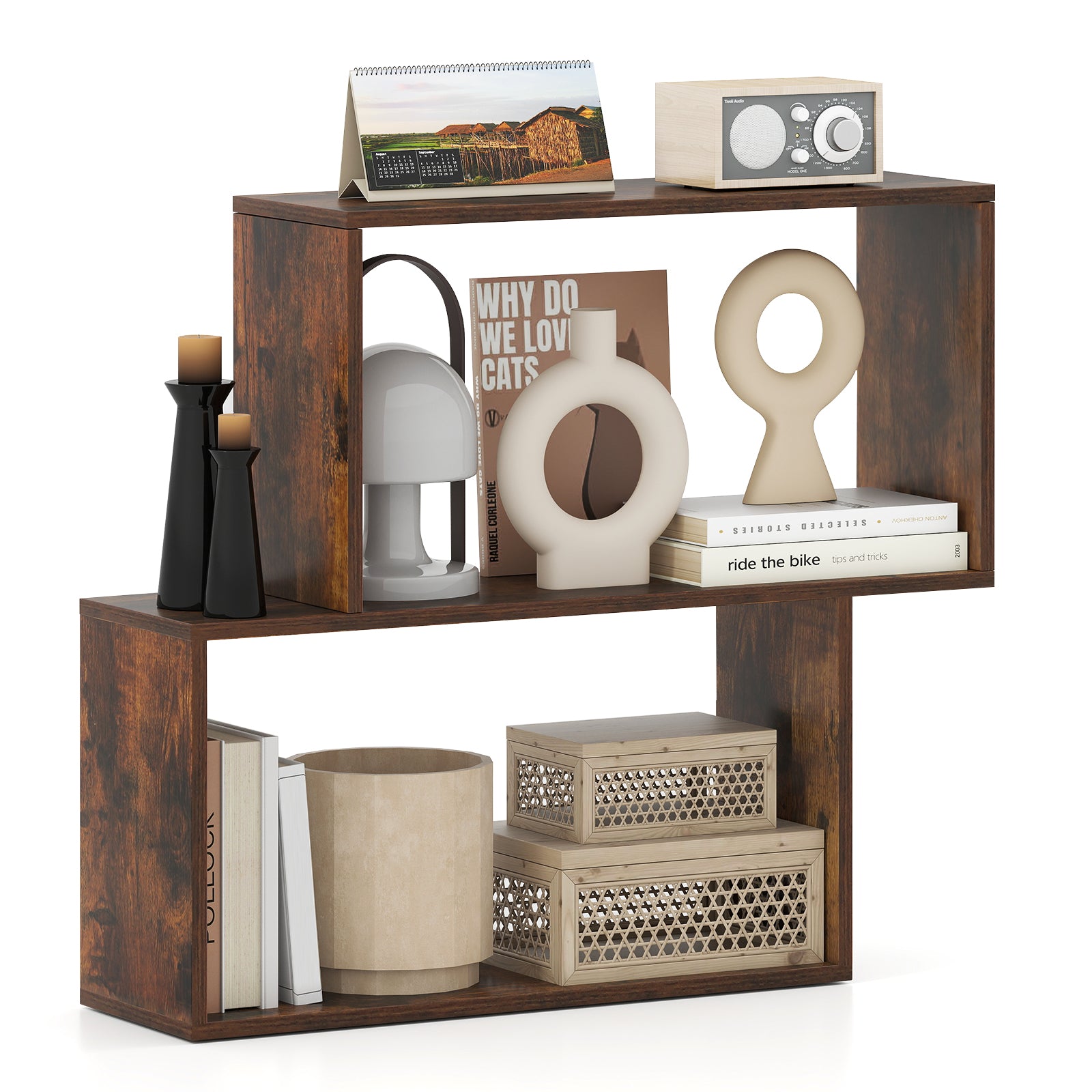 3-Tier Geometric Bookshelf Freestanding Wooden Bookcase with 2 Cubic Compartments-Brown
