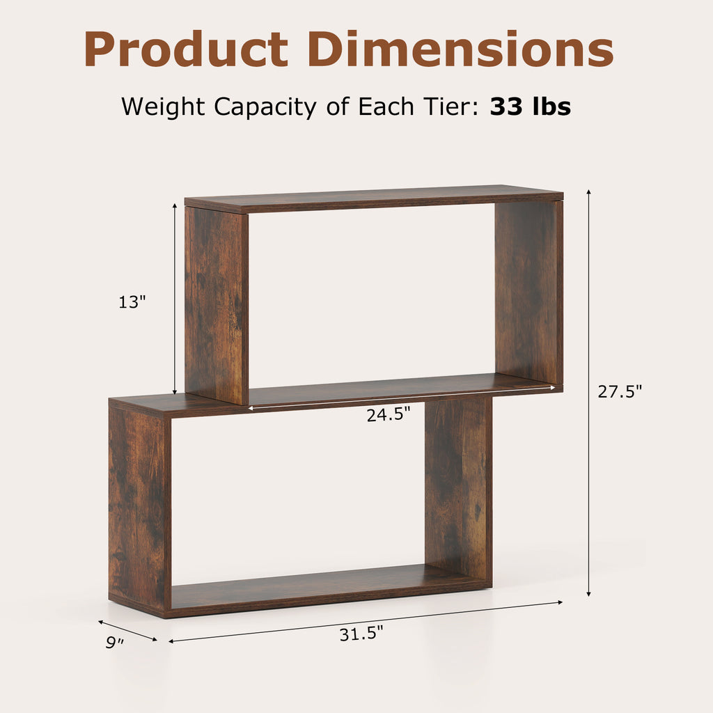 3-Tier Geometric Bookshelf Freestanding Wooden Bookcase with 2 Cubic Compartments-Brown