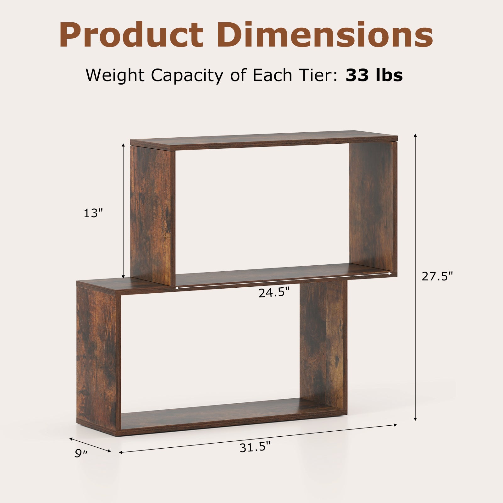 3-Tier Geometric Bookshelf Freestanding Wooden Bookcase with 2 Cubic Compartments-Brown