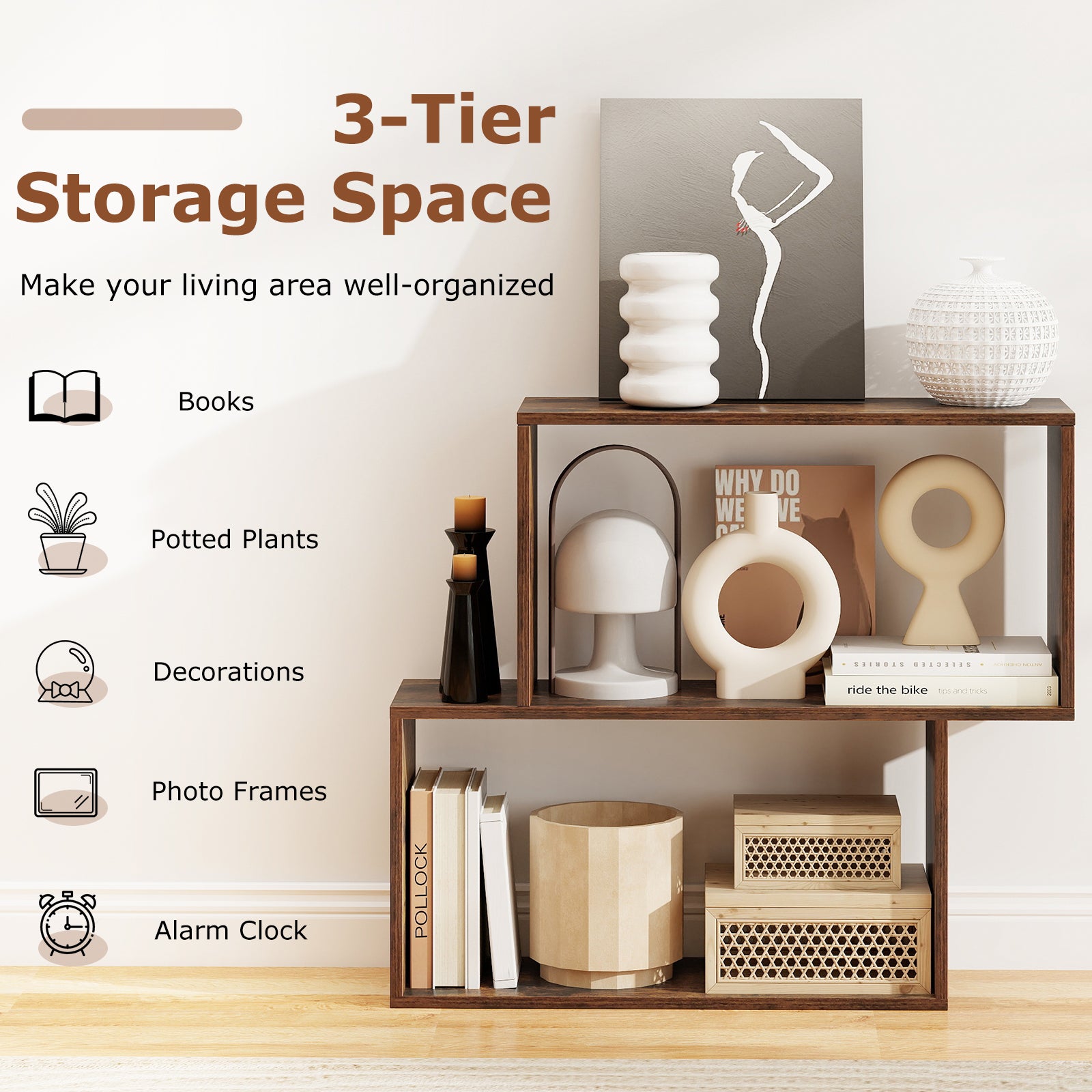 3-Tier Geometric Bookshelf Freestanding Wooden Bookcase with 2 Cubic Compartments-Brown