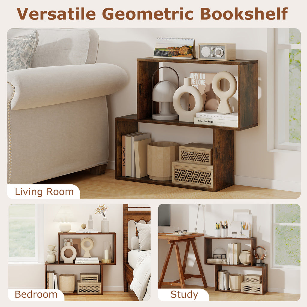 3-Tier Geometric Bookshelf Freestanding Wooden Bookcase with 2 Cubic Compartments-Brown