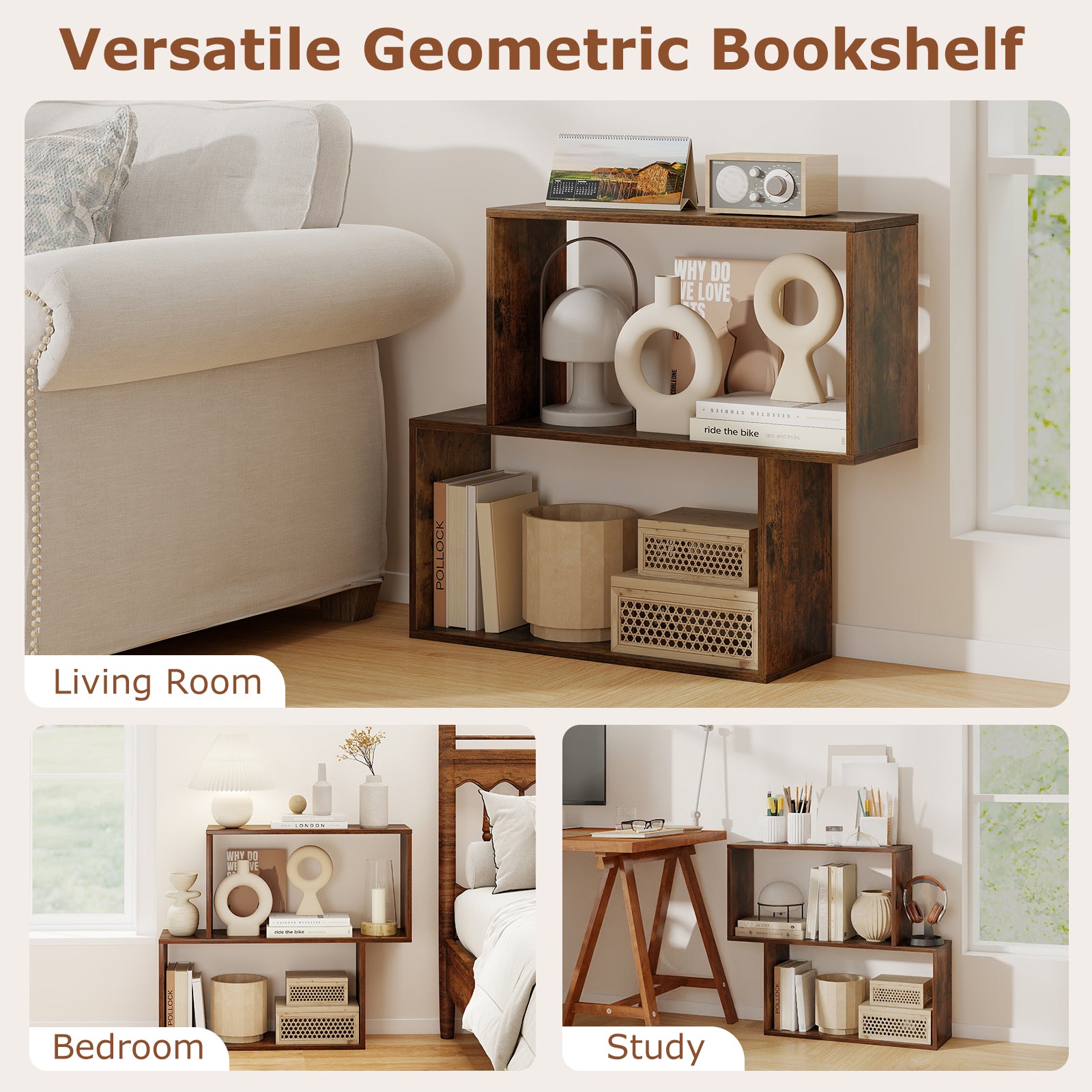 3-Tier Geometric Bookshelf Freestanding Wooden Bookcase with 2 Cubic Compartments-Brown