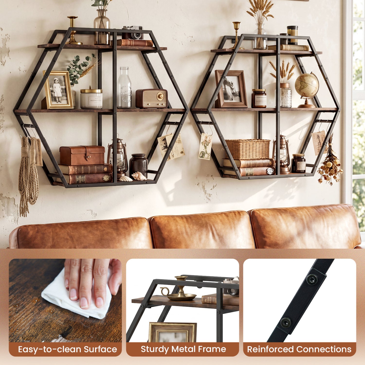 3-Tier Geometric Bookcase with S-Shaped Hooks for Living Room-Rustic Brown